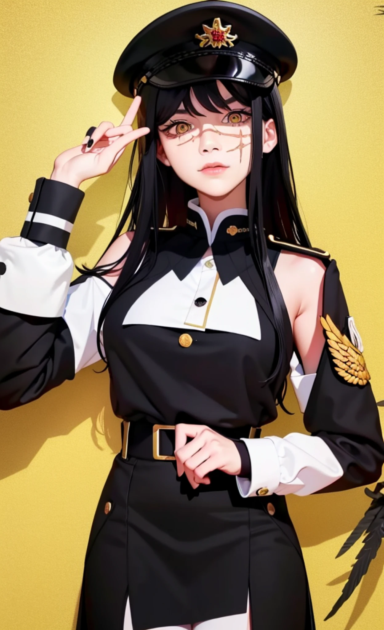 (masterpiece, best quality: 1.2), Solo, 1girl, Yoru \(Chainsaw Man\), evil look, looking at the viewer, yellow eyes, long hair, completely black hair, reference to clothing of a German WWII general, black long sleeves (best quality), scar on face, beautiful eyes, has only 2 arms, has war medals on his clothes,  Black military cap with a golden eagle, (wallpaper), (8K HD), (8K HD), golden shoulder pads,