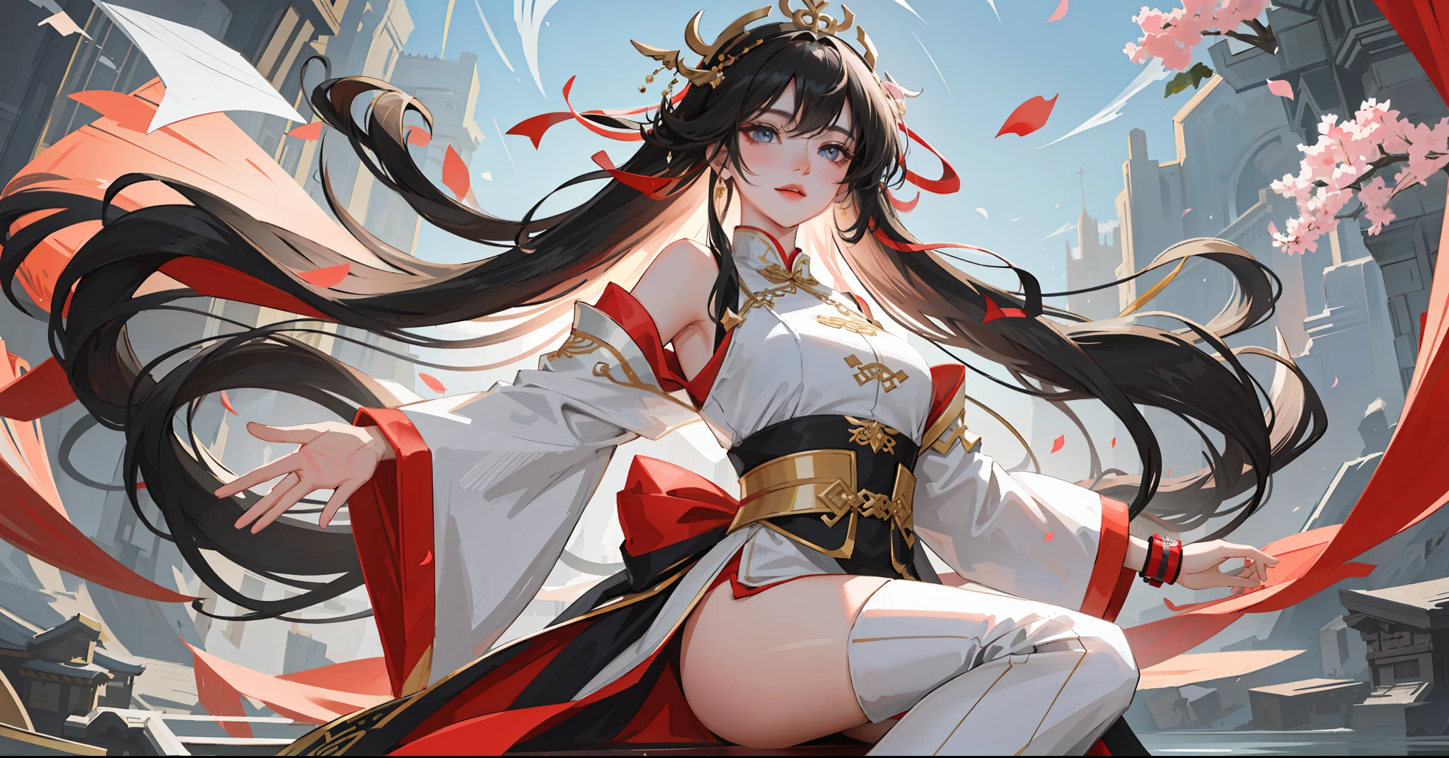 A woman wearing gorgeous clothes in ancient China, superlative, long black hair, Chinese-style headdress, intricate and detailed jewelry, blingbling jewelry, wearing Dunhuang-style clothes, like a fairy descending, full of wisdom, fresh temperament, fair skin, long black hair, flowing long hair, messy and scattered hair, afternoon sunset, edge lighting, best light and shadow, best shadow, sparkling, dreamy picture, snowy mountains in the distance, complex clothes, flying Ayara, There is a kind of scent, body fragrance, petals, surrounded by petals, outside the temple in Tibet, 1girl, ultra HD, complex light and shadow, dancing, light makeup, big eyes, long eyelashes, slim, good-looking long legs, thin waist, will be deeply attracted by the characters in the painting, the most beautiful woman in the world, 25 years old, mysterious, bare feet, gold on the head, wearing a bracelet, expression seduction, pink blush, looking at the audience, extraordinary temperament, (half), detailed face, detailed face, ultra HD, 8K, Real skin, hyper-realistic, surrealism, complex clothes, backlight is the red of the sun, super light and shadow expression, clothes are very gorgeous, dunhuang_style_close, Chinese architecture, biting clothes, making shy expressions, looking at the camera, (bust close-up), (side: 1.3), overhead lens, sun flare, (clothes are very long satin falling everywhere), art style, decorative painting style composition, full of color, normal beautiful eyes, lens sense, Dynamic, extreme dance moves, (professional classical Chinese dance moves), imaginative composition, more gorgeous, abstract background, conservative clothes, not exposed, gorgeous special effects, more petals flying around, fluttering clothes, (strongest light and shadow expression), Chinese mythological special effects background, (face close-up), calm lake in the distance, water surface light enhancement, ray tracing, real shadows, best quality