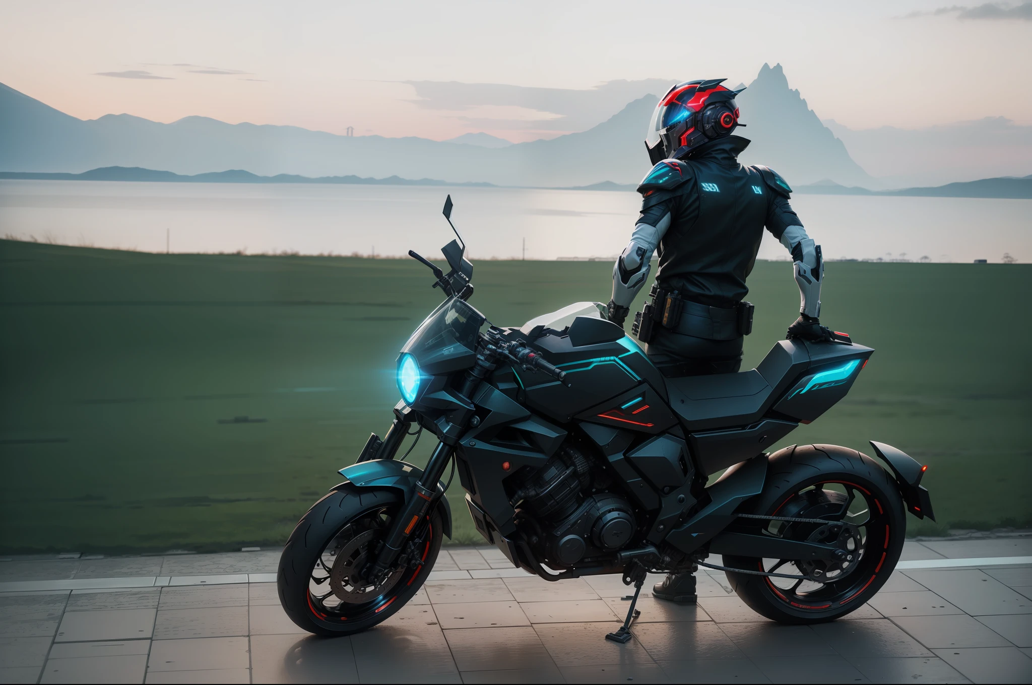 Robot warrior with helmet, sci-fi mecha motorcycle, wearing helmet, motorcycle helmet, futuristic motorcycle, mechanical motorcycle, cyberpunk style, mecha style, robot, futuristic warrior, futuristic battlefield background, grand scene, futuristic city, neon sign --auto --s2