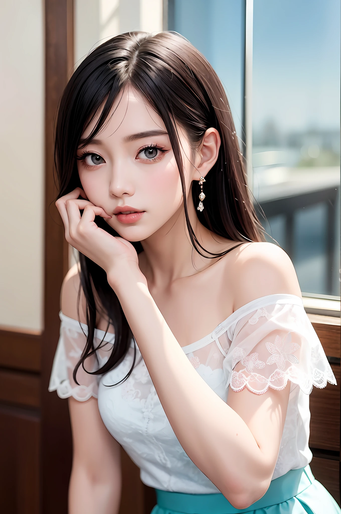 Fashion trendy beautiful and charming woman, gentle and charming Chinese beautiful woman, delicate and sexy collarbone, charming oval face, double eyelids, smart peach blossom eyes, pink lips, small nose, bare shoulders, focus on the face, close-up of the face, Ultra-high-definition, super-detailed, the white off-the-shoulder shirt perfectly echoes the light blue slit skirt, fresh and impressive