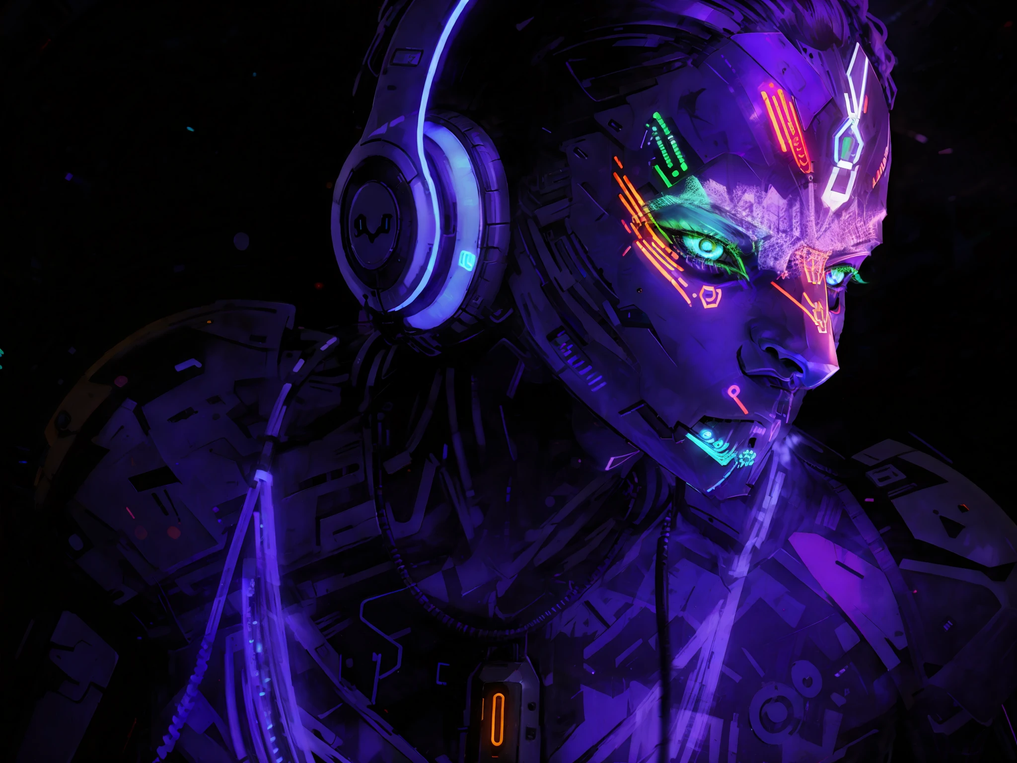 better quality. 1, 1 arafed woman with headphones and bright face paint in a dark room, ultraviolet and neon colors, day - bright face paint, elaborate lights. Mask on the face, neon light and fantasy, intricate works of art. Neon Eyes, Bright White Neon Eyes, Glowwave Girl Portrait, Day - Shiny Face Painting, Raver Girl, DJ Rave Headphones, Blacklight Reactive