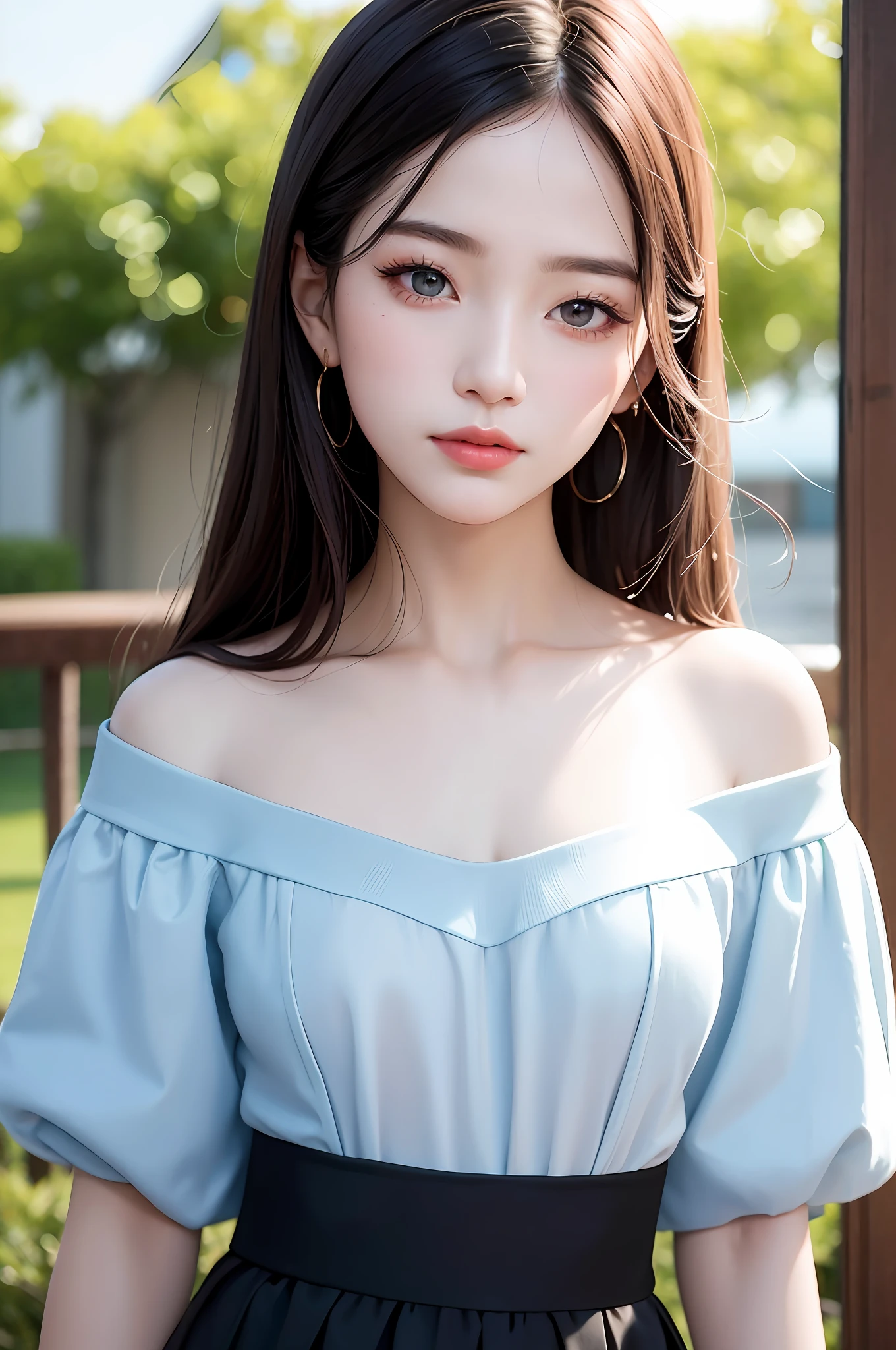 Fashion trendy beautiful and charming woman, gentle and charming Chinese beautiful woman, delicate and sexy collarbone, charming oval face, double eyelids, smart peach blossom eyes, pink lips, small nose, bare shoulders, focus on the face, close-up of the face, Ultra-high-definition, super-detailed, the white off-the-shoulder shirt perfectly echoes the light blue slit skirt, fresh and impressive