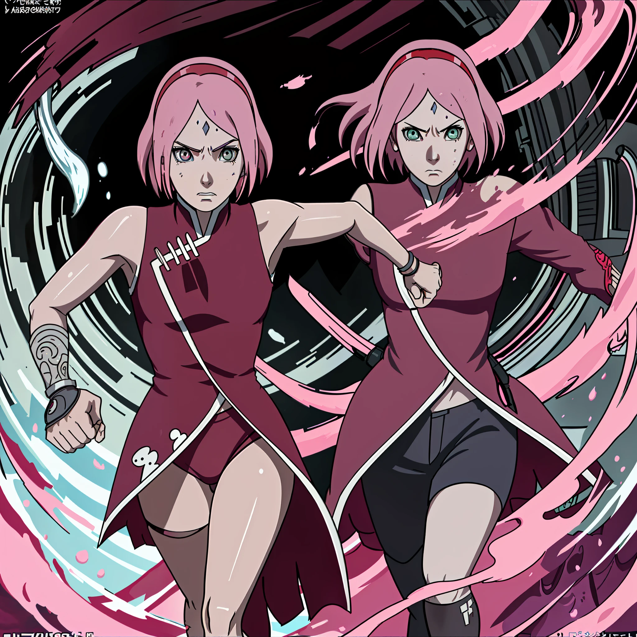 masterpiece, absurd, (intricate details), (colorful), cinematic lighting, bust shot, extremely detailed unity 8k CG wallpaper, 1 girl, sakura haruno, red microbikini, arms at waist, legs open, angry, looking at the viewer, large breasts tight, poster, manga cover