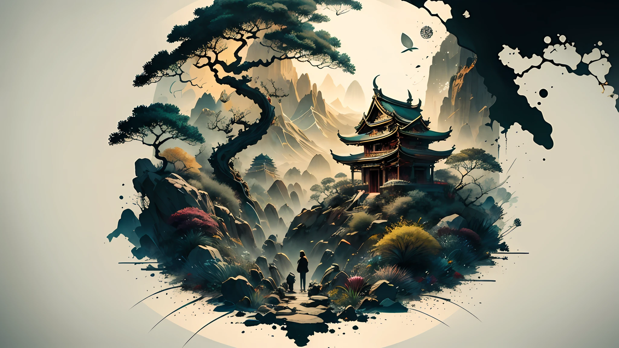 Absurd, high resolution, ultra-detailed, (1 girl:1.3), broken, design a beautiful temple scene, intricate architecture, lush gardens, and a sense of peace and spirituality. Broken, creating an image of a destructive demon with terrifying features, dark powers, and a thirst for chaos and destruction. Broken, designed with a fisheye effect image that captures a wide field of view with a unique curved viewing angle. Break to create rooftop views in urban environments with panoramic cityscapes, dramatic skylines, and a sense of elevation. Break , illustrating the tender moments between parents and children, capturing their bonds, love, and connection. Broken, using pointillism to illustrate images, carefully placed tiny dots of color to create a cohesive and visually stunning whole.