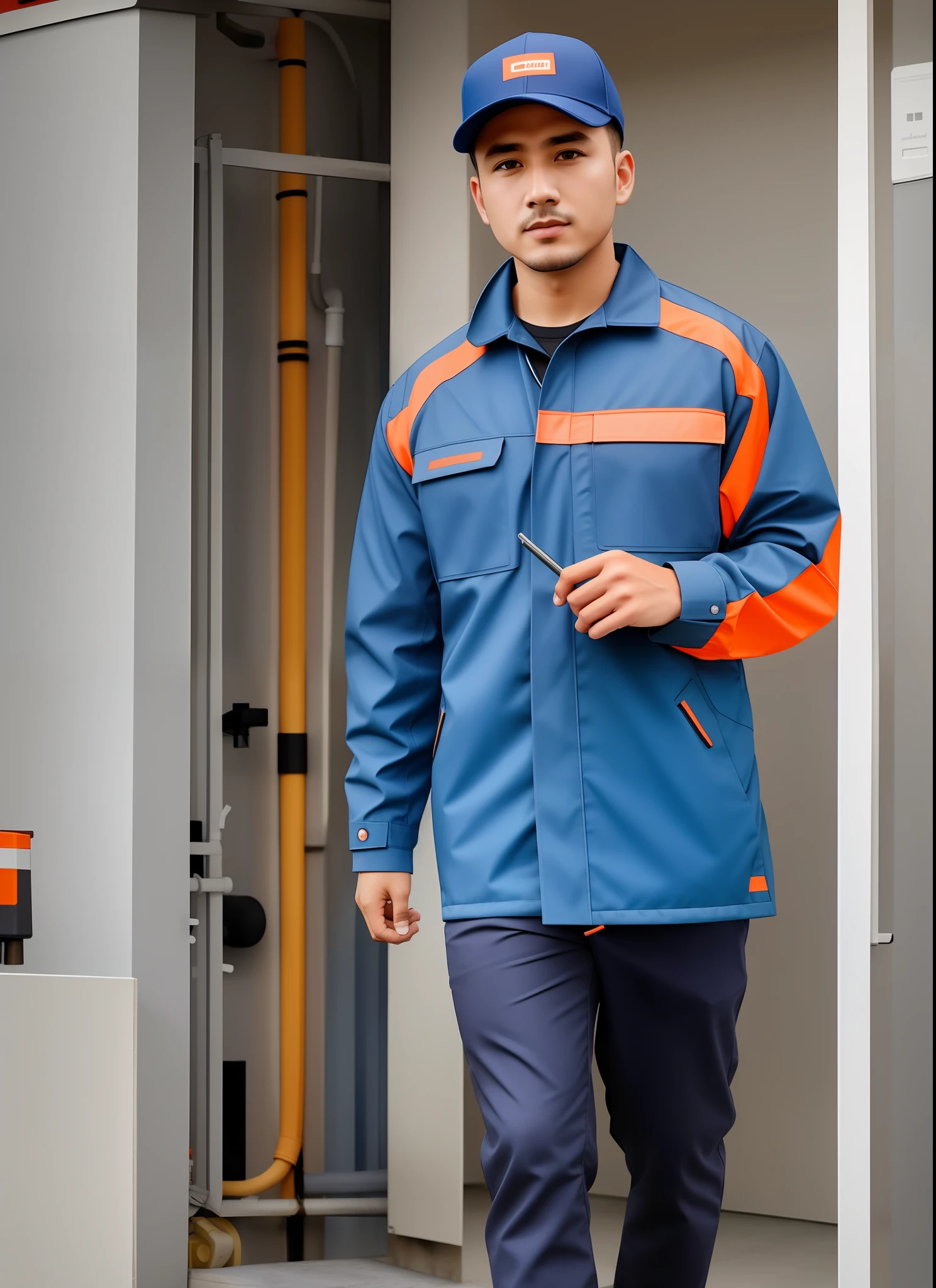 Property industry, electrician, workwear series, fabric, color blue, orange, style with technological design