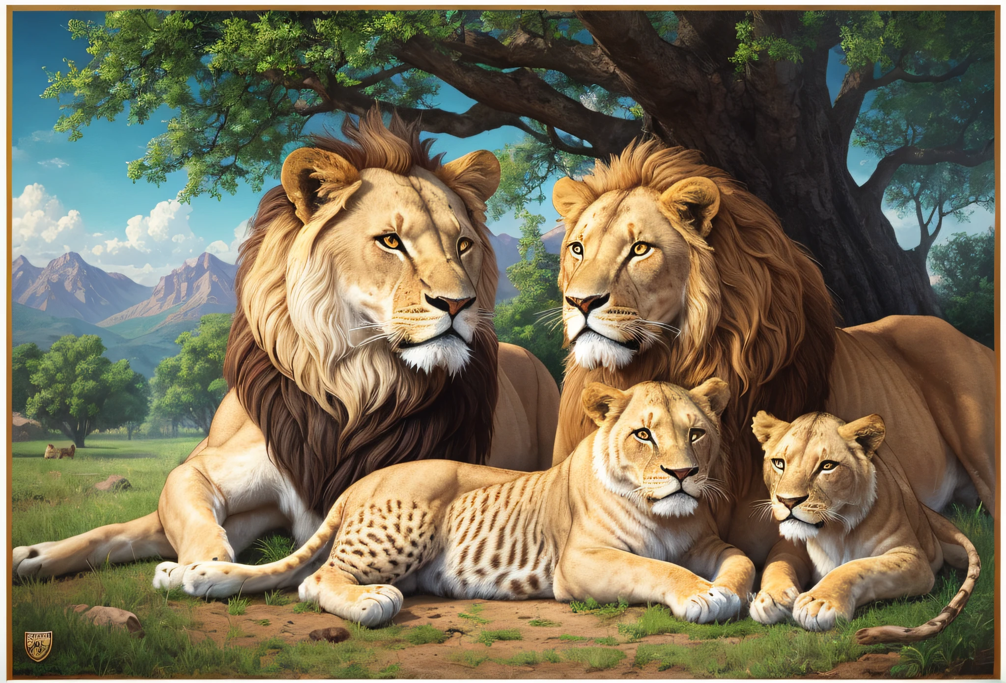 a closeup of an image of a family of lion and two cubs, tree of life in the background of the image, stunning detailed image, giant tree behind, very high quality art, large format image, stunning large format photography, highly detailed 4K art, poster color, highly detailed 4K art, highly detailed 4K image, powerful painting,  Highly detailed masterpiece, highly realistic photography --auto --s2