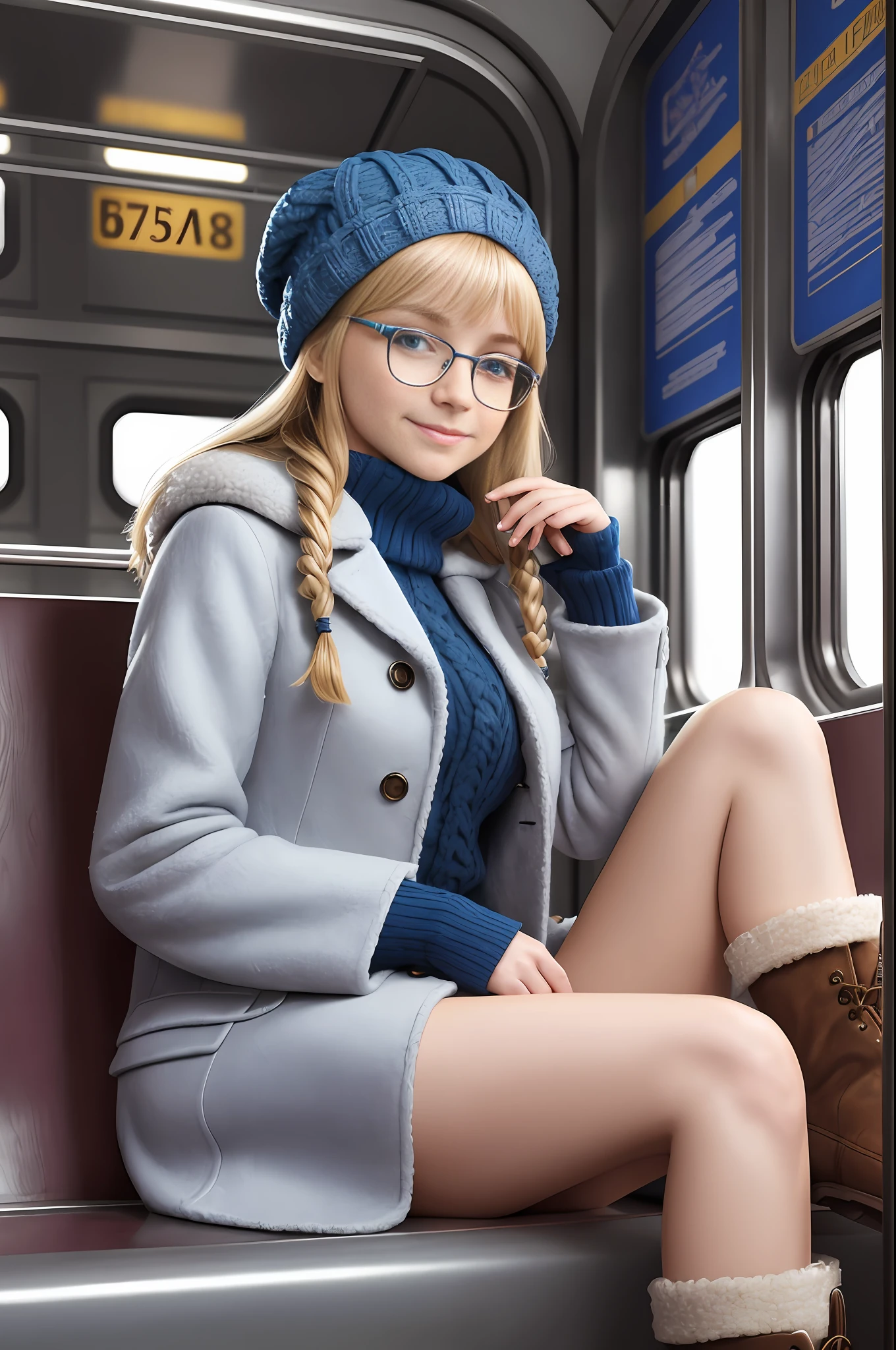 absurdres, RAW photo, highest quality, (masterpiece: 1.3), high detail RAW color photo, professional photo, extremely detailed CG 8k wallpaper unit, photo-realistic, realistic, RAW photo, masterpiece, best quality, highres, illustration,
1girl, 19 YEARS old, tall, random hairstyle, blonde hair with bangs, medium length, thin legs, beautiful face perfect realistic, beautiful blue eyes detailed, fair skin, texture of detailed skin, very small breasts, small butt, beautiful body, smile, blue prescription glasses. Elegant.
(Coat, wool cap, boots, simple design), sitting on a train from Rome, winter.