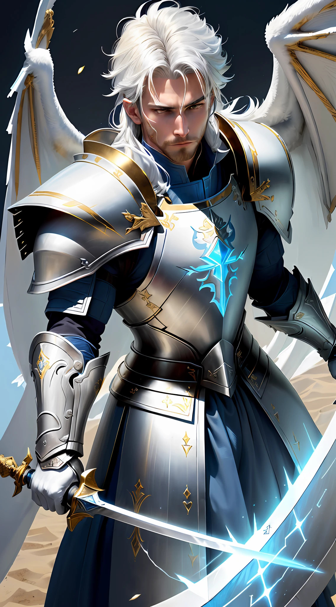 Close-up of a man holding a sword and armor, white armor, white and blue armor, blue angel armor, white and blue reflection armor, heavenly warrior, thunder knight, heavy armor and sword god of war, dragon knight, angel warrior, white and blue reflective armor, ruler of the heavenly court, gold J, golden armor, twelve winged angel king
