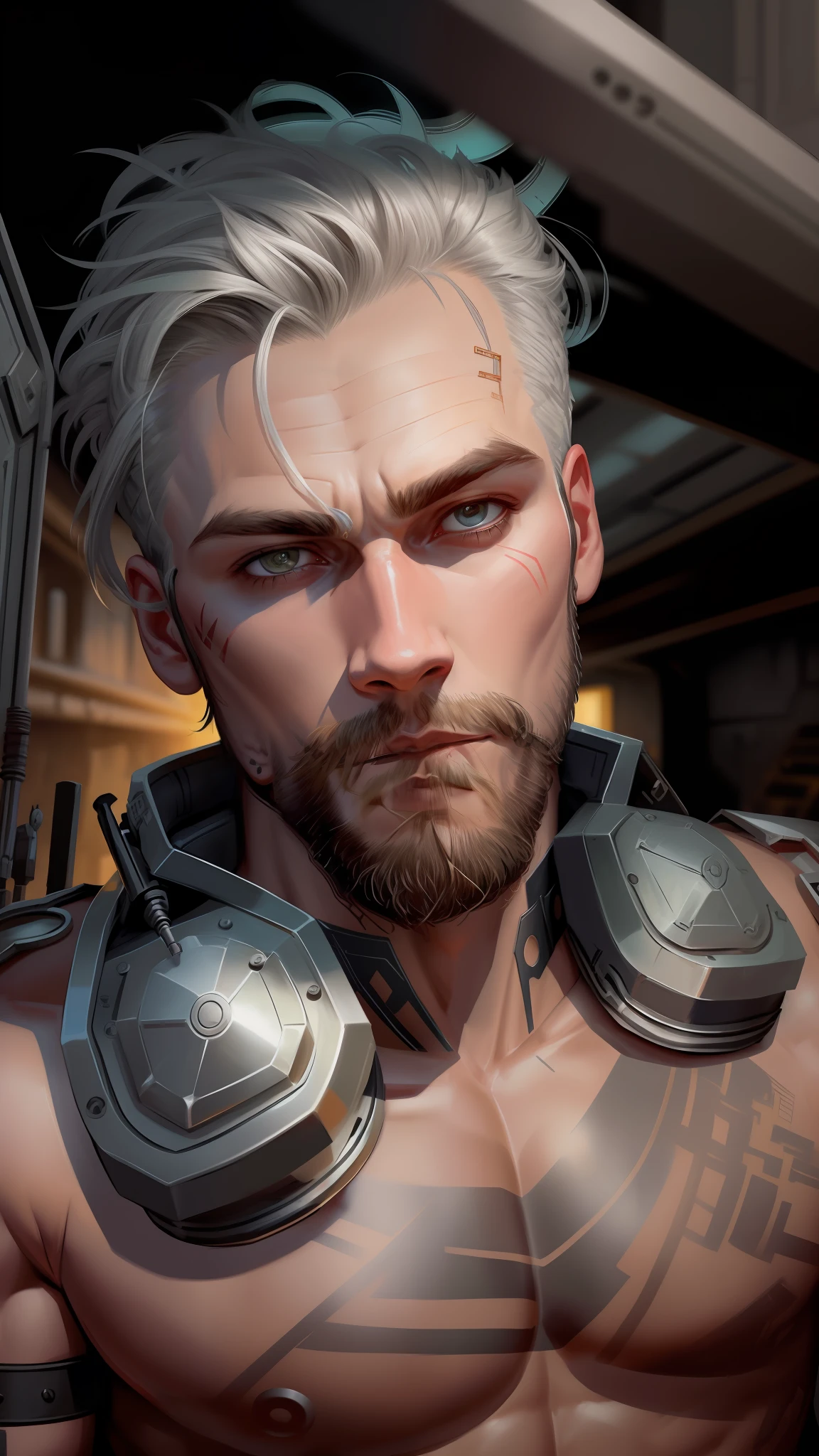 A cybernetic Viking man in the range of 27 years old, barbaric muscular stereotype, with Viking wolf fur coat (Viking mechanical parts: 1.5), fighting, dark bright eyes, short hair, tight supersuit torn, in a destroyed city, smoke and fire, aura of brilliant power, dynamic pose, dynamic vision, hyper detailed, 8k quality, with tattoo on arm, Clock of thorns on the chest and on the headset, merge, hyper realism, with thorns crest viking.Com gray goatee and gray hair, blood dripping down the face.