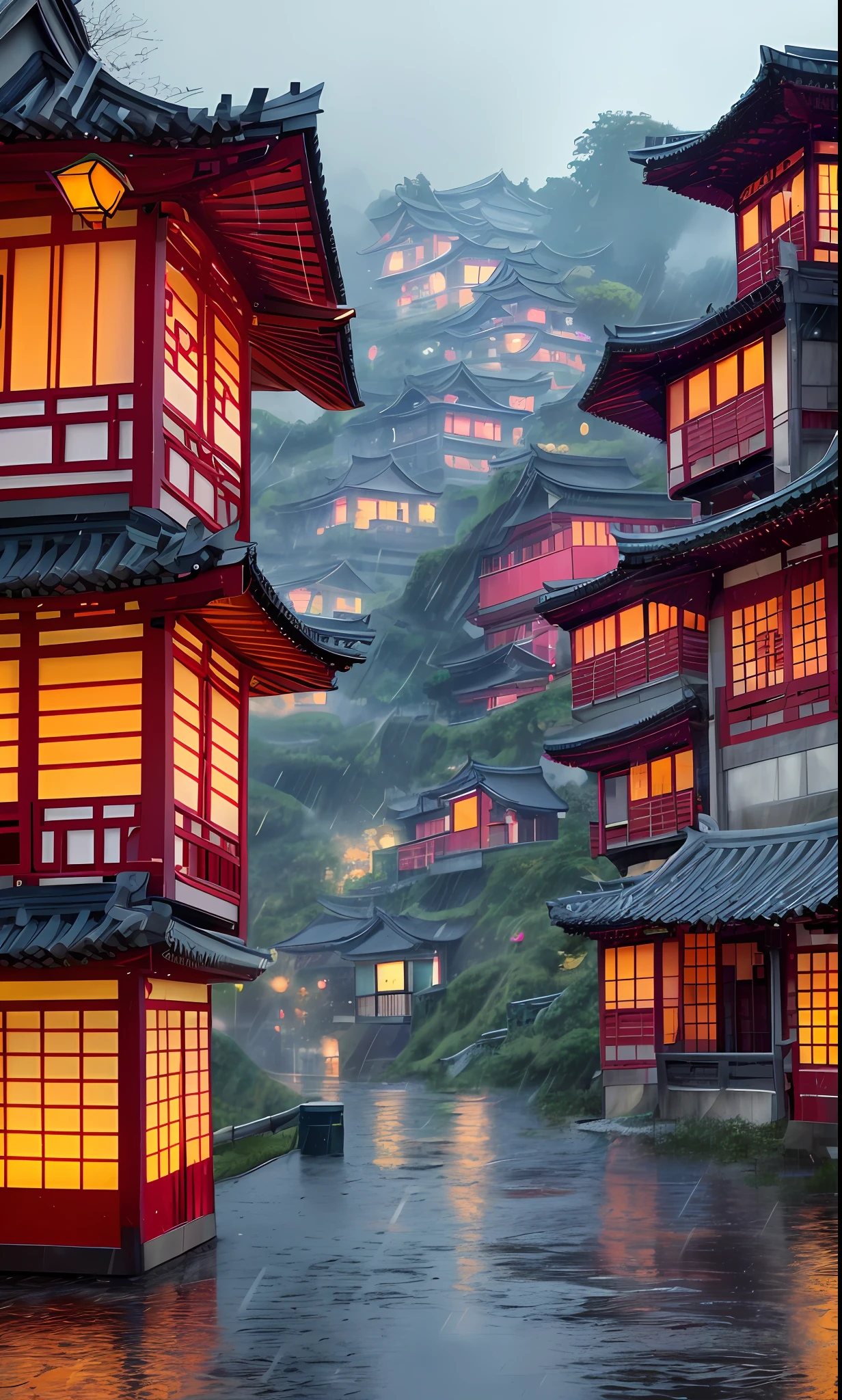 arafed view of a village, lots of lights on buildings, fantastic chinese town, chinese village, amazing wallpapers, japanese town, japanese village, surreal photo of a small town, old asian village, japanese city, Raymond Han, cyberpunk ancient Chinese castle, beautifully lit building, evening in the rain, beautiful and aesthetic, photography, movie, 8k, high detail ((heavy rain)))