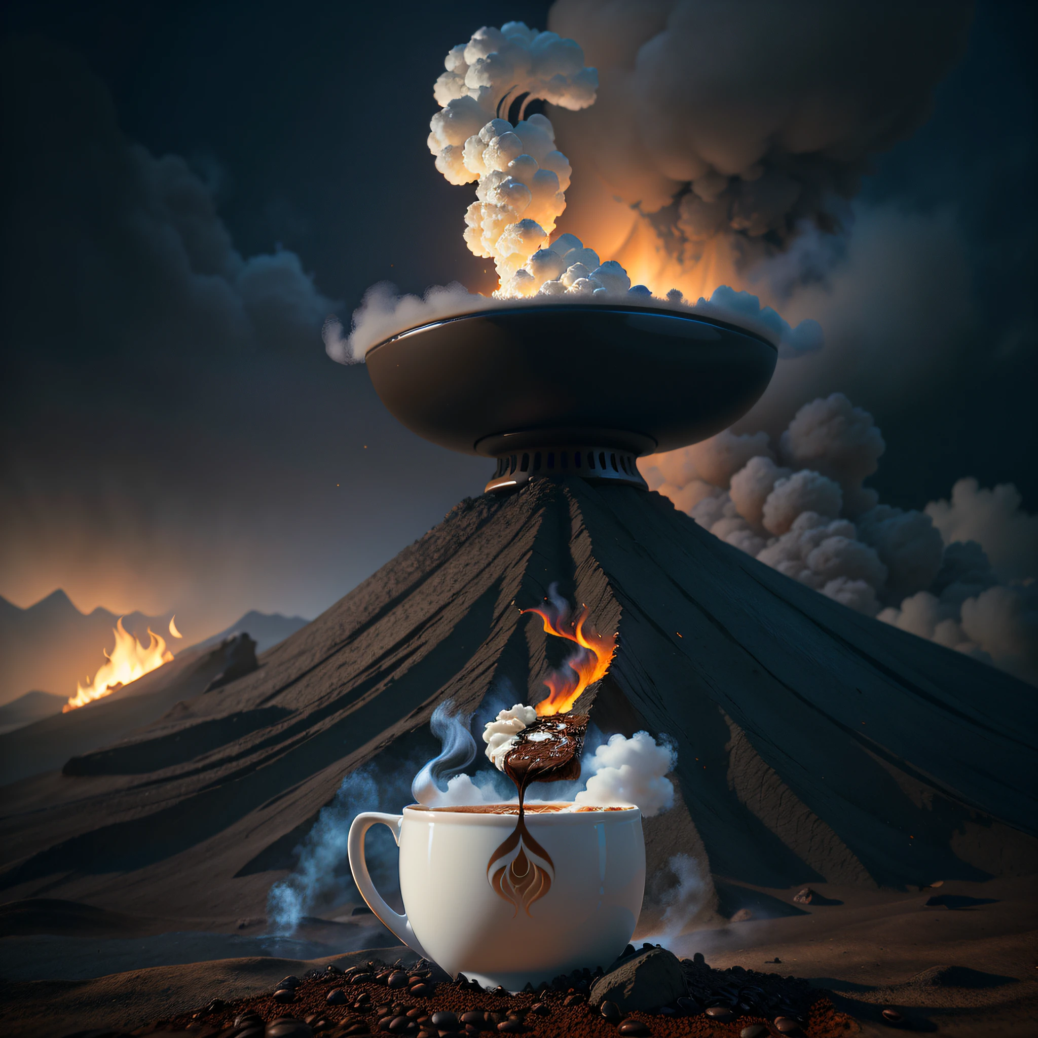 there is a cup of coffee with a fire in it, the sacred cup of understading, cup of death, marc adamus, hot coffee, 3 d render and matte painting, surreal 3 d render, huge cup of coffee, daily render, steaming coffee, surreal scene, cup of coffee, cafe in the clouds, inspired by Mike Winkelmann