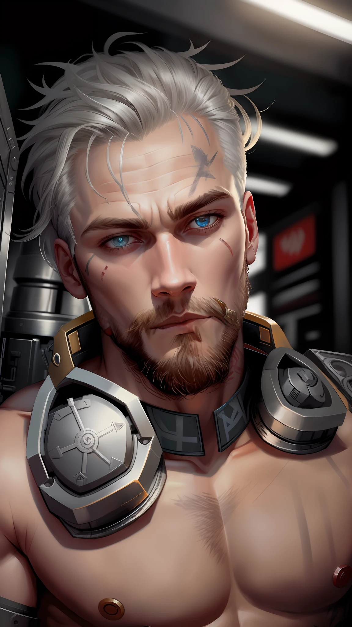 A cybernetic Viking man in the range of 27 years old, barbaric muscular stereotype, with Viking wolf fur coat (Viking mechanical parts: 1.5), fighting, dark bright eyes, short hair, tight supersuit torn, in a destroyed city, smoke and fire, aura of brilliant power, dynamic pose, dynamic vision, hyper detailed, 8k quality, with tattoo on arm, Clock of thorns on the chest and on the headset, merge, hyper realism, with thorns crest viking.Com gray goatee and gray hair, blood dripping down the face.