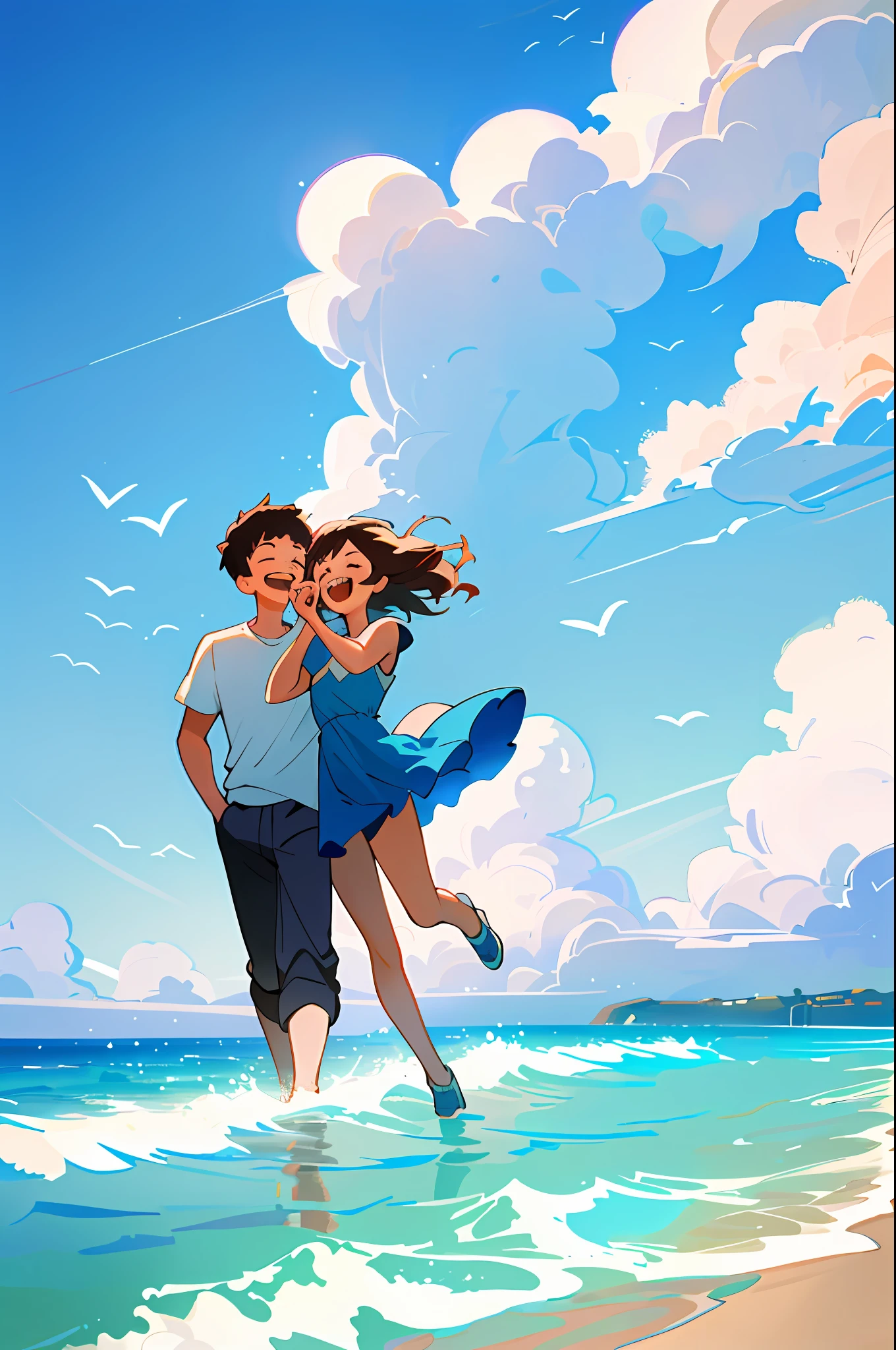 (best quality, masterpiece), two people, having fun on the beach, wind, particle, blue sky, a boy and a girl, white clouds in the sky, blue water, sunny day