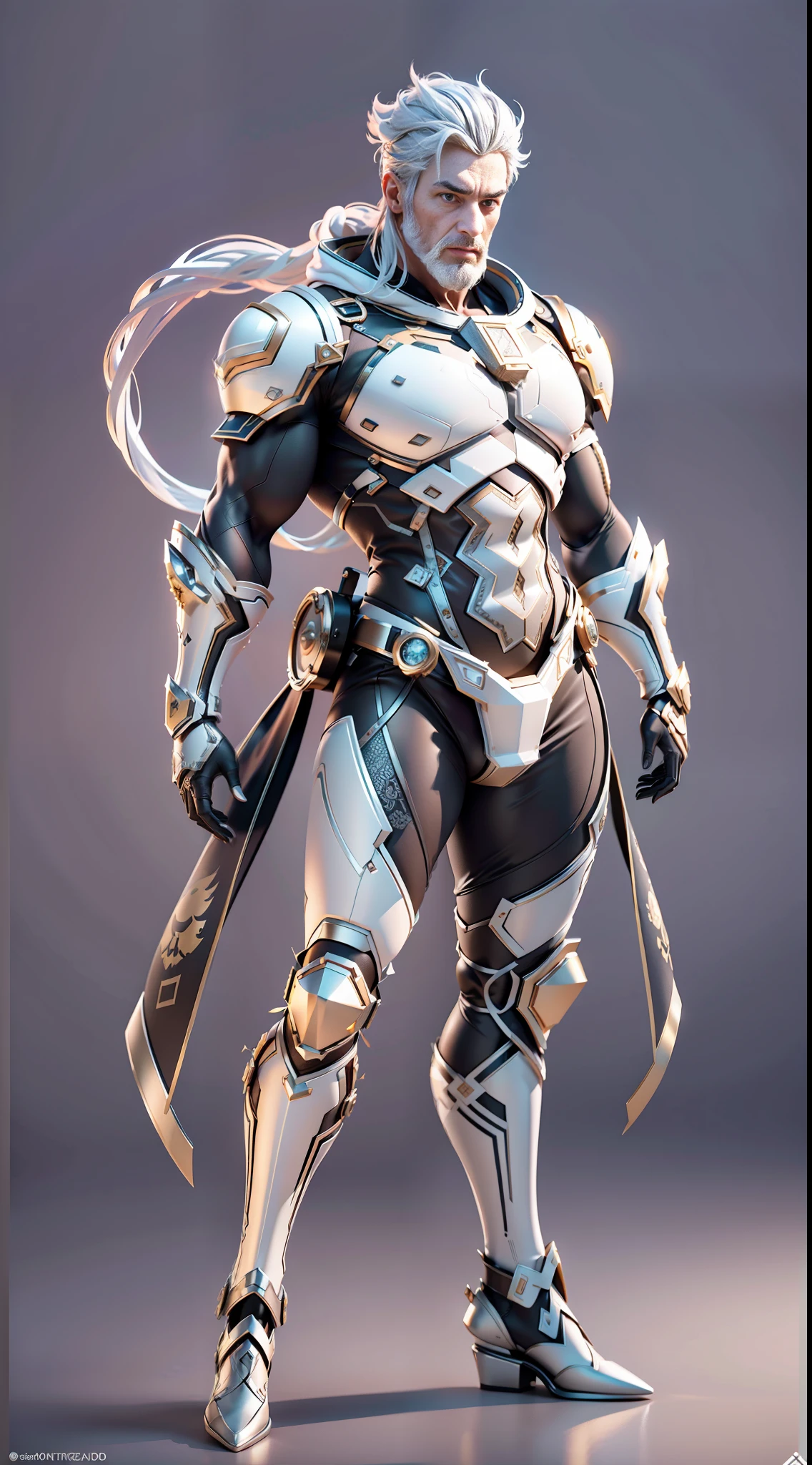 Broken [silver: white: 0.5] theme, ((gradient background: 1.1))),panorama, full body, best quality, masterpiece, super high resolution, (realism:1.4), absurdity, cinema lighting, a strong man, (((muscle lines))), strong, (((human head))), delicate human face, (anatomically correct), ((glowing )), short silver hair, black eyes, (patterned clothing decoration), ((silver shoes)), surrealism, steampunk, Intricate design, extreme detail, fine detail, HDR (High Dynamic Range), Ancient Technology, HDR (High Dynamic Range), Ray Tracing, NVIDIA RTX, Super Resolution, Unreal 5, Subsurface Scattering, PBR Textures, Post-processing, Anisotropic Filtering, Depth of Field, Maximum Clarity and Acutance, Multi-layer Textures, Albedo and Highlight Maps, Surface Shading, Accurate Simulation of Light-Material Interactions, Perfect Ratios, Octane Rendering, Two-tone Lighting, Low ISO, White Balance, Rule of Thirds, wide aperture, 8K RAW, high efficiency sub-pixel, subpixel convolution, luminescent particles, light scattering