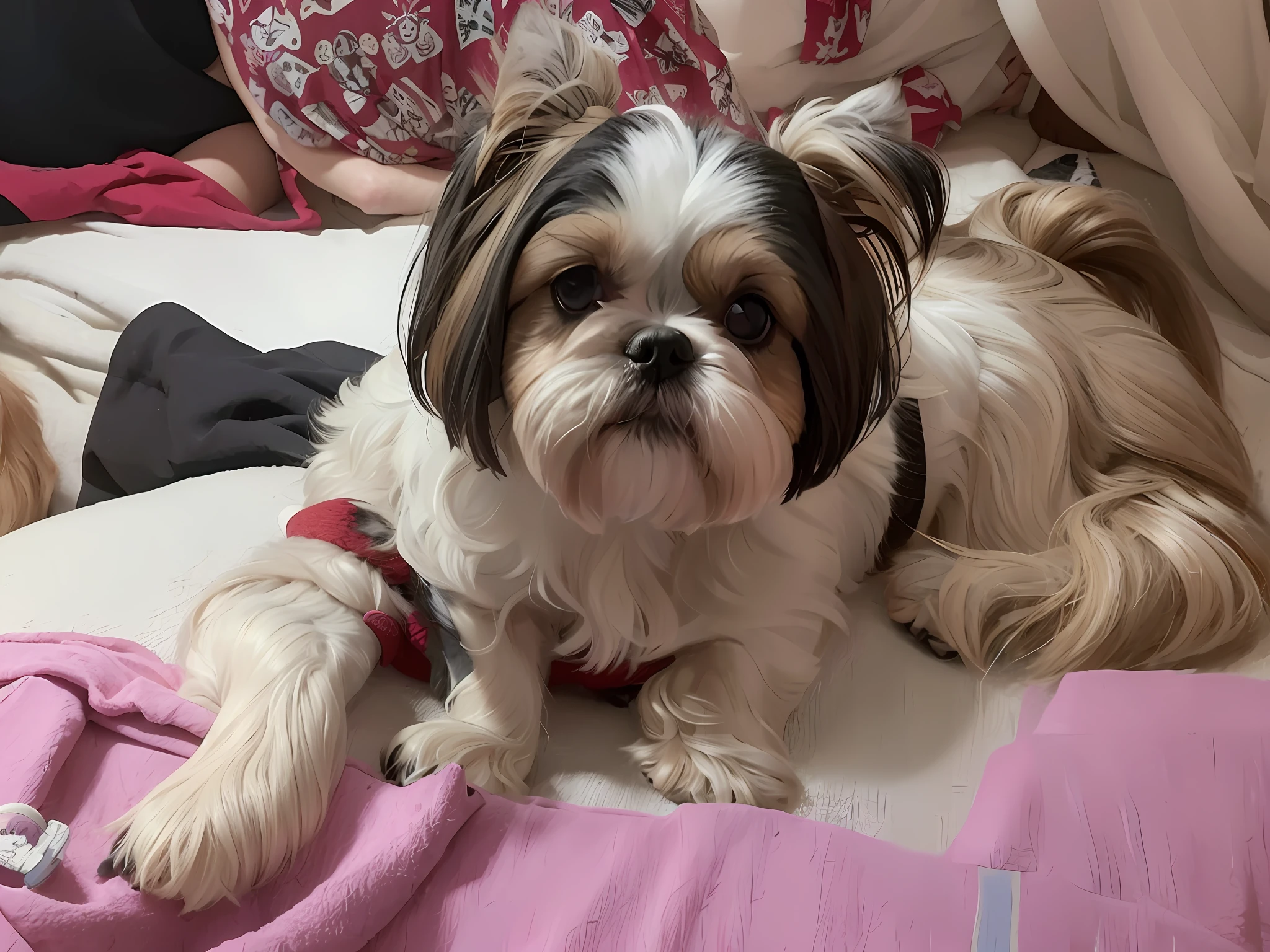 A Shih Tzu dog, with overt gothic makeup, looking partially to the left, sitting on his bed, with wires and bandages, looking at the camera, injured, sitting on a bed, wearing pajamas, a cute