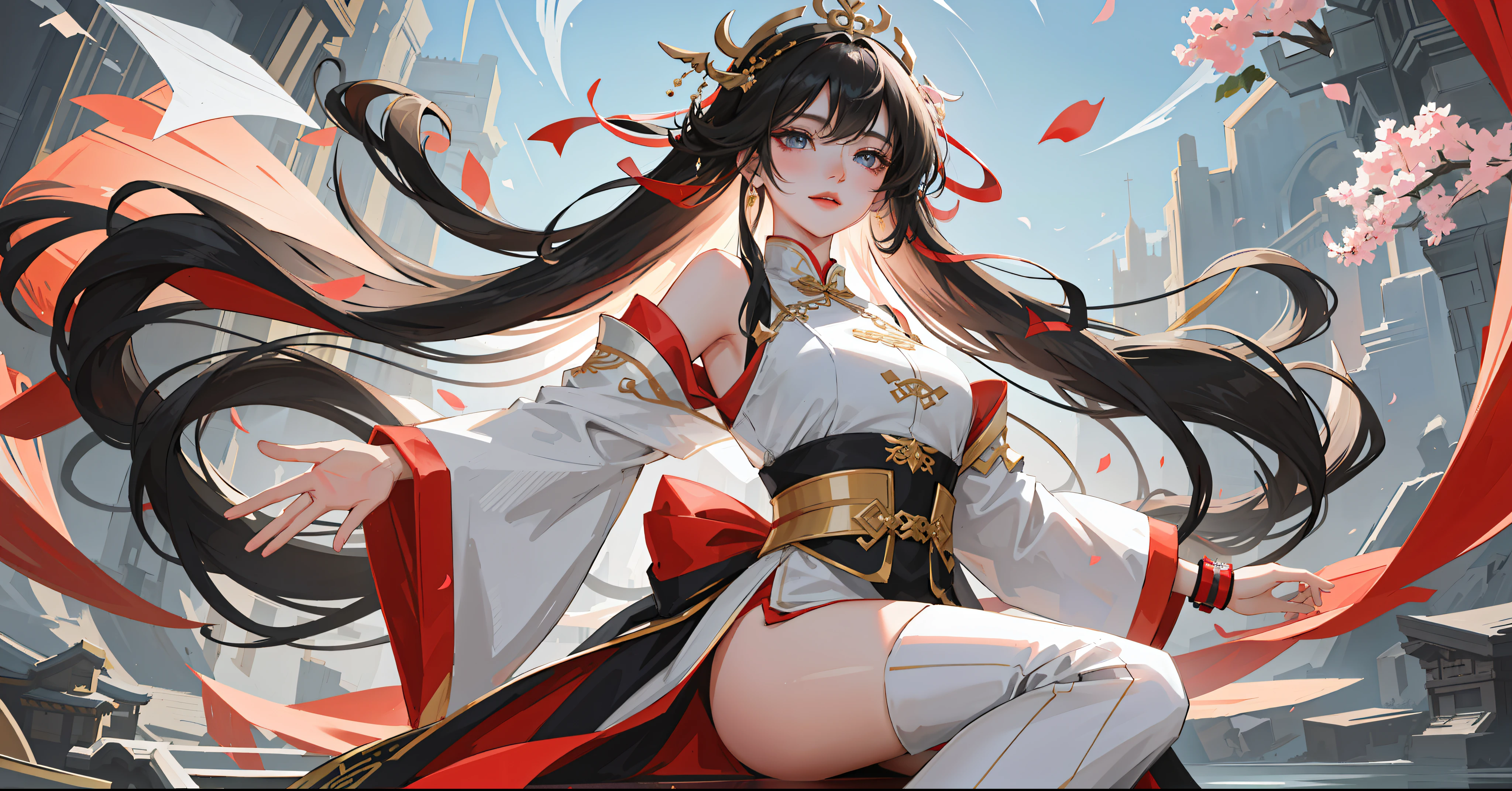 A woman wearing gorgeous clothes in ancient China, superlative, long black hair, Chinese-style headdress, intricate and detailed jewelry, blingbling jewelry, wearing Dunhuang-style clothes, like a fairy descending, full of wisdom, fresh temperament, fair skin, long black hair, flowing long hair, messy and scattered hair, afternoon sunset, edge lighting, best light and shadow, best shadow, sparkling, dreamy picture, snowy mountains in the distance, complex clothes, flying Ayara, There is a kind of scent, body fragrance, petals, surrounded by petals, outside the temple in Tibet, 1girl, ultra HD, complex light and shadow, dancing, light makeup, big eyes, long eyelashes, slim, good-looking long legs, thin waist, will be deeply attracted by the characters in the painting, the most beautiful woman in the world, 25 years old, mysterious, bare feet, gold on the head, wearing a bracelet, expression seduction, pink blush, looking at the audience, extraordinary temperament, (half), detailed face, detailed face, ultra HD, 8K, Real skin, hyper-realistic, surrealism, complex clothes, backlight is the red of the sun, super light and shadow expression, clothes are very gorgeous, dunhuang_style_close, Chinese architecture, biting clothes, making shy expressions, looking at the camera, (bust close-up), (side: 1.3), overhead lens, sun flare, (clothes are very long satin falling everywhere), art style, decorative painting style composition, full of color, normal beautiful eyes, lens sense, Dynamic, extreme dance moves, (professional classical Chinese dance moves), imaginative composition, more gorgeous, abstract background, conservative clothes, not exposed, gorgeous special effects, more petals flying around, fluttering clothes, (strongest light and shadow expression), Chinese mythological special effects background, (face close-up), calm lake in the distance, water surface light enhancement, ray tracing, real shadows, best quality