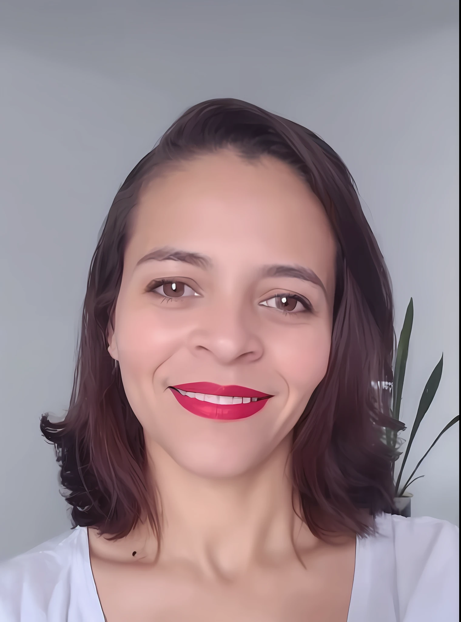 smiling woman with red lipstick and grey shirt in a room, imane anys, profile image, by Nándor Katona, inspired by Maria Helena Vieira da Silva, fernanda suarez, 3 5 year brazilian mother, malika favre, sandra chevier, magda torres gurza, laure lipton, alanis guillen