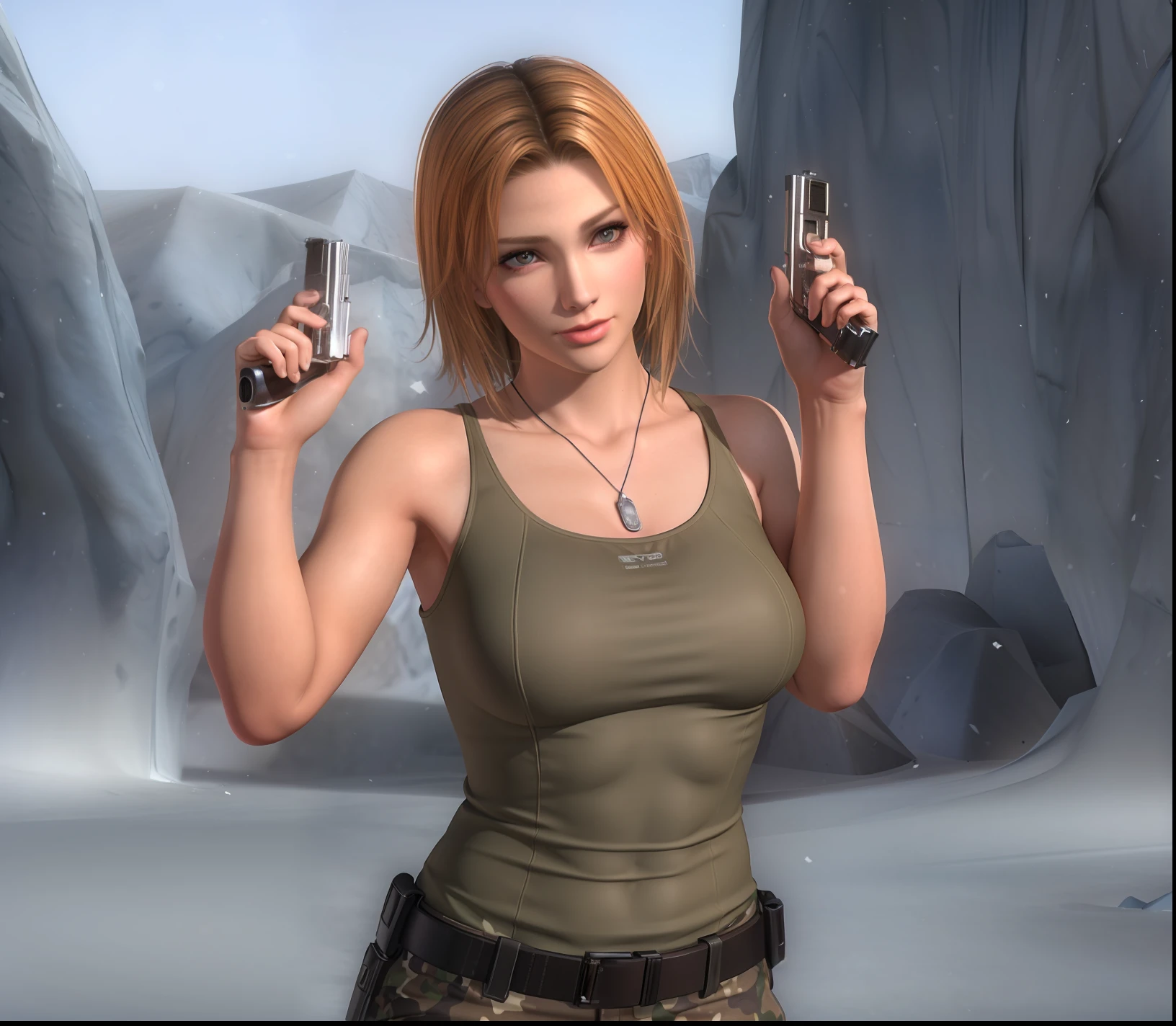 (day:1.7), standing in front of a snow covered mountain, winter,(close-Up),
Standing,(holding_guns:1.5),(hands_up:1.4), handgun, pistol,
bare_arms, bare_shoulders,collarbone, dog_tags,tank_top,camouflage_pants, combat_boots, gloves,
 jewelry, midriff, necklace, pendant, upper_body,
brown_hair,brown_eyes, short_hair, 
1 girl, 20yo,mature female,Beautiful Finger,Beautiful long legs,Beautiful body,Beautiful Nose,Beautiful character design, perfect eyes, perfect face,
looking at viewer,(light_smile:0.3),(Closed_mouth),
NSFW,official art,extremely detailed CG unity 8k wallpaper, perfect lighting,Colorful, Bright_Front_face_Lighting,
(masterpiece:1.0),(best_quality:1.0), ultra high res,4K,ultra-detailed,
photography, 8K, HDR, highres, absurdres:1.2, Kodak portra 400, film grain, blurry background, bokeh:1.2, lens flare, (vibrant_color:1.2)
(Beautiful,large_Breasts:1.4), (beautiful_face:1.5),(narrow_waist),