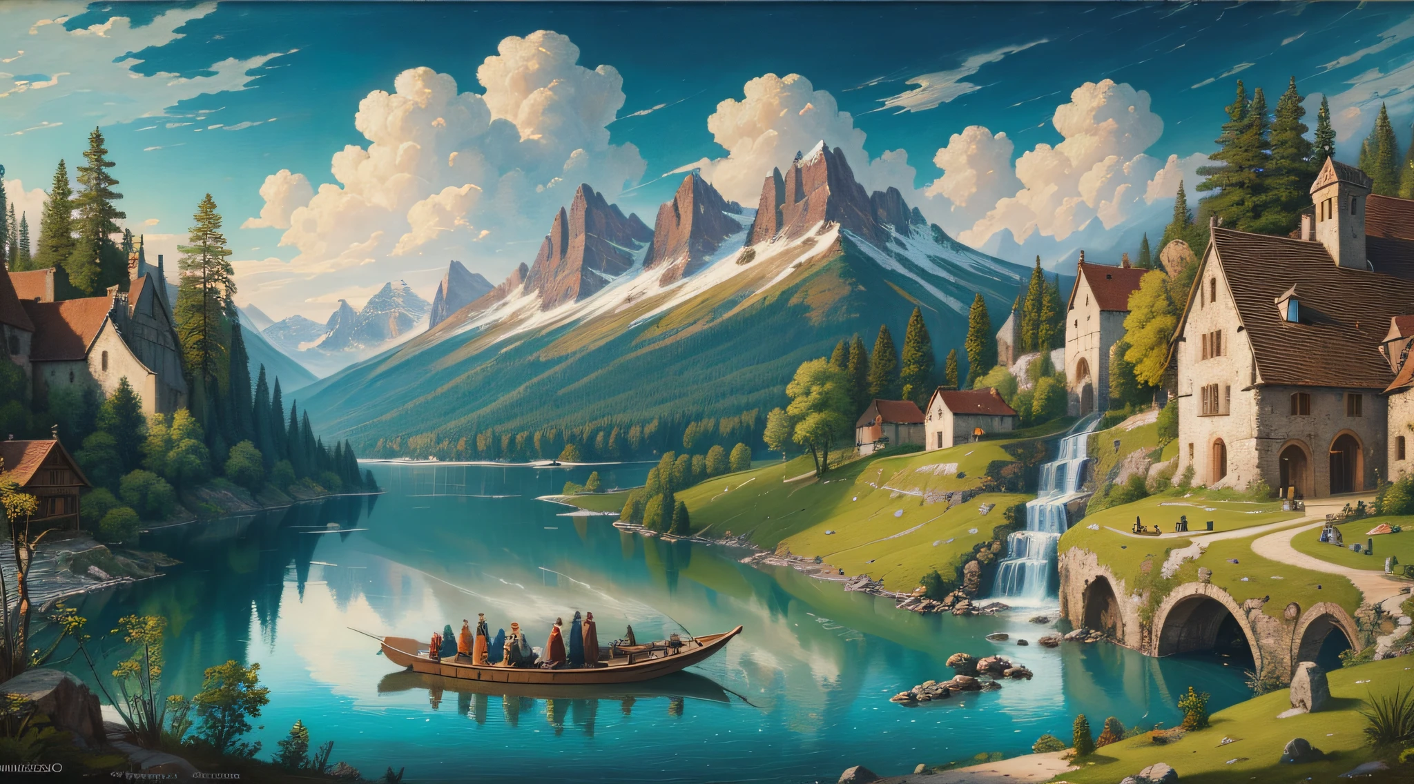 Renaissance oil painting, magnificent, mountains, waterfalls, forests, white clouds, lakes, villages, 8K, fine details, high definition --auto --s2