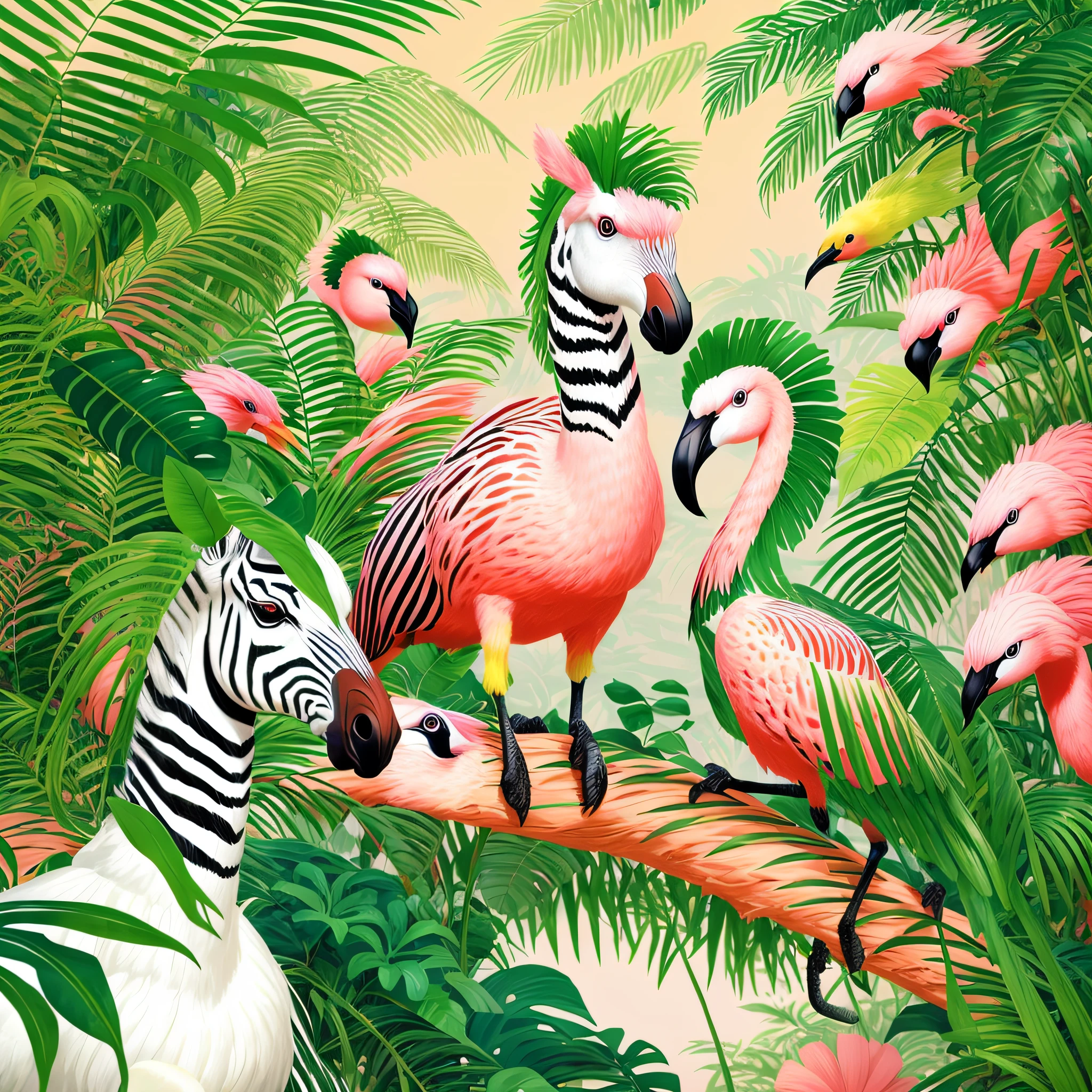 zebras and flamingos are standing on a branch in a jungle, highly detailed digital painting, animal painting, detailed beautiful animals, tropical birds, digital painting highly detailed, painted in high resolution, highly detailed painting, mysterious jungle painting, laurent durieux, highly detailed 4 k painting, by David B. Mattingly, hildebrandt, by Don Reichert --auto --s2