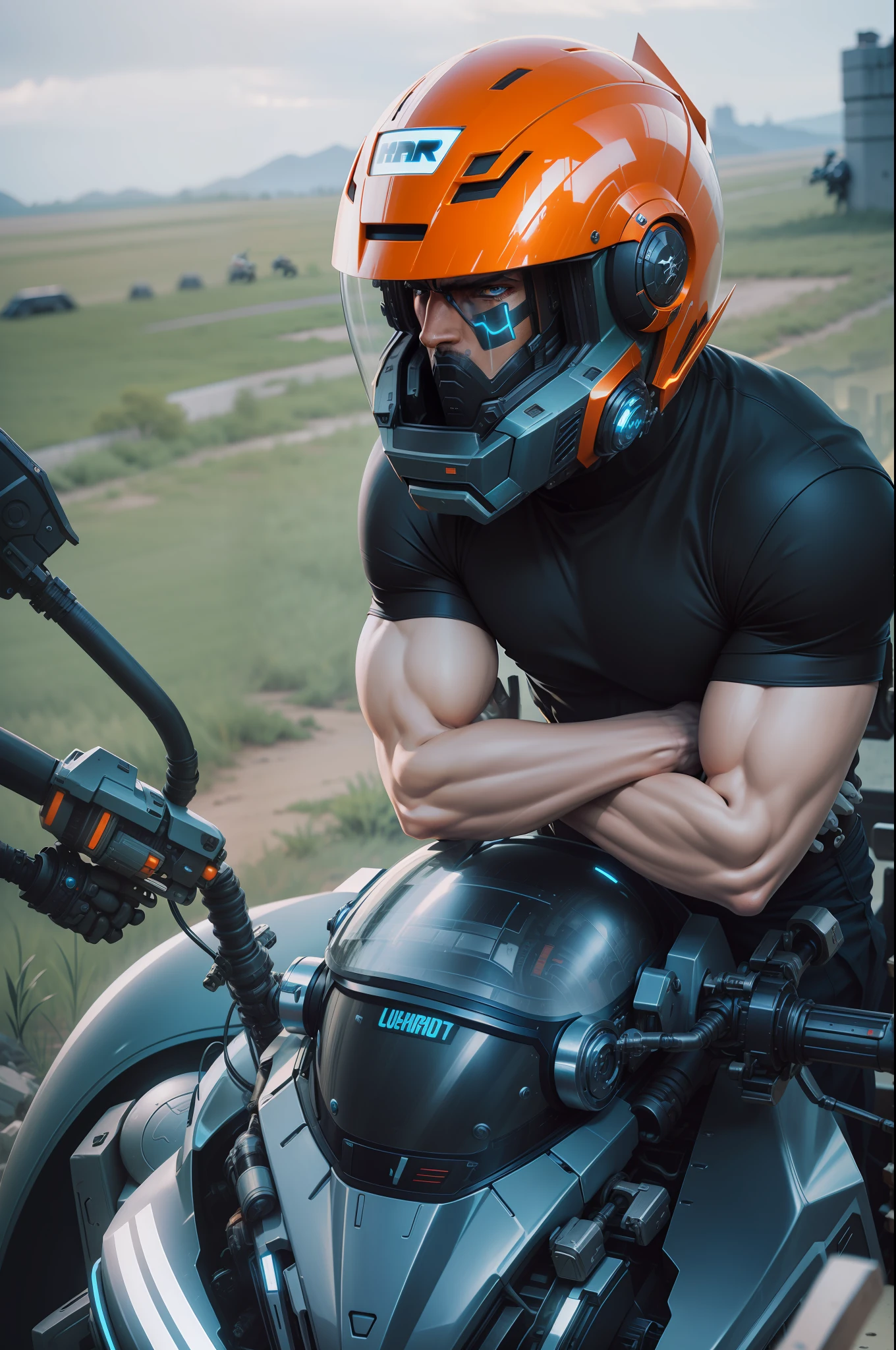 Robot warrior with helmet, sci-fi mecha motorcycle, wearing helmet, motorcycle helmet, futuristic motorcycle, mechanical motorcycle, cyberpunk style, mecha style, robot, futuristic warrior, futuristic battlefield background, grand scene, futuristic city, muscular handsome man --auto --s2