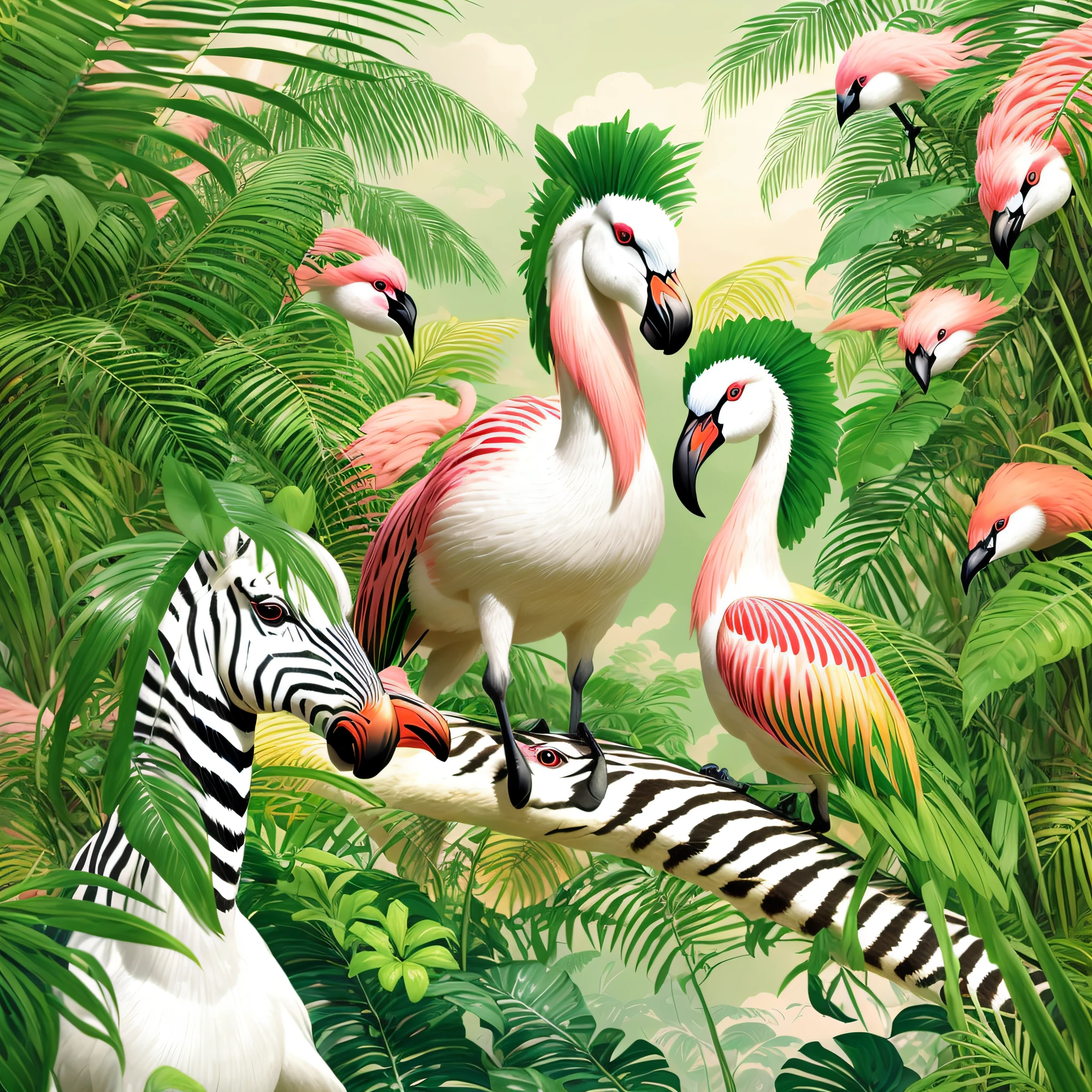 zebras and flamingos are standing on a branch in a jungle, highly detailed digital painting, animal painting, detailed beautiful animals, tropical birds, digital painting highly detailed, painted in high resolution, highly detailed painting, mysterious jungle painting, laurent durieux, highly detailed 4 k painting, by David B. Mattingly, hildebrandt, by Don Reichert --auto --s2