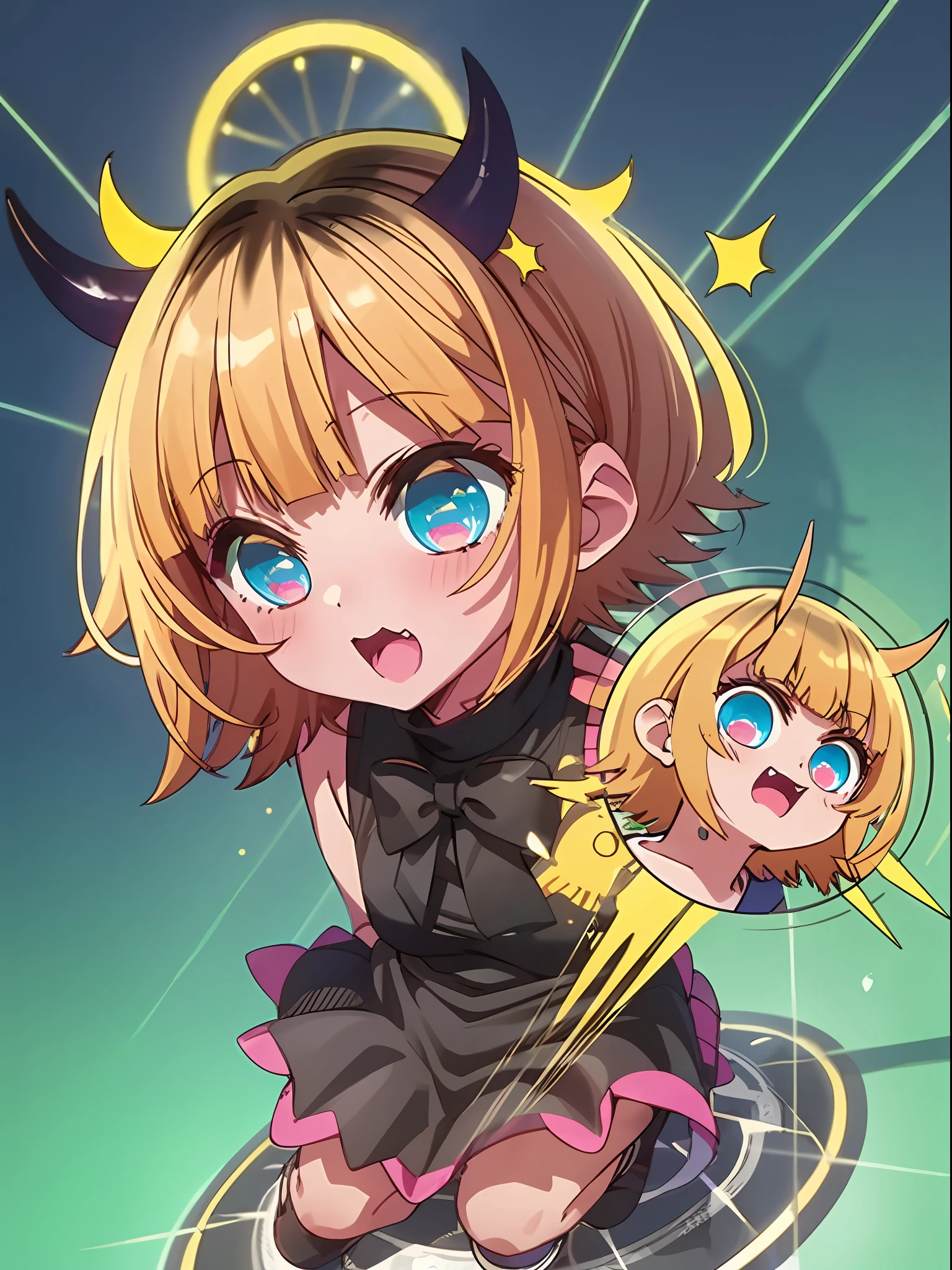 memcho, blonde, black high neck, sleeveless, small horn, uniform, mini skirt, short hair, idol, big eyes, surprised face, ω, closed mouth, naughty child, doya face, lots of memcho, mini character, chibi character, chibi