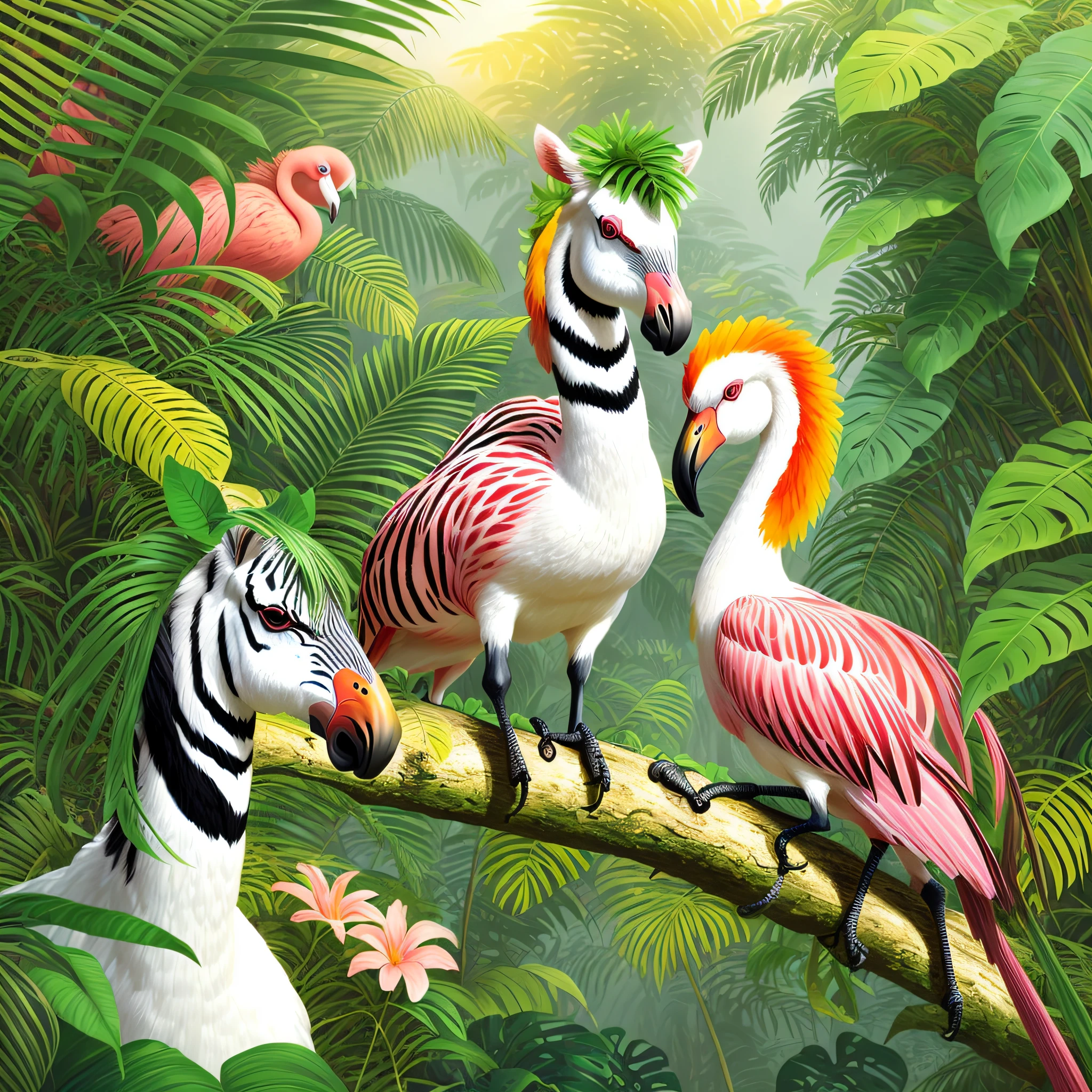 zebras and flamingos are standing on a branch in a jungle, highly detailed digital painting, animal painting, detailed beautiful animals, tropical birds, digital painting highly detailed, painted in high resolution, highly detailed painting, mysterious jungle painting, laurent durieux, highly detailed 4 k painting, by David B. Mattingly, hildebrandt, by Don Reichert --auto --s2