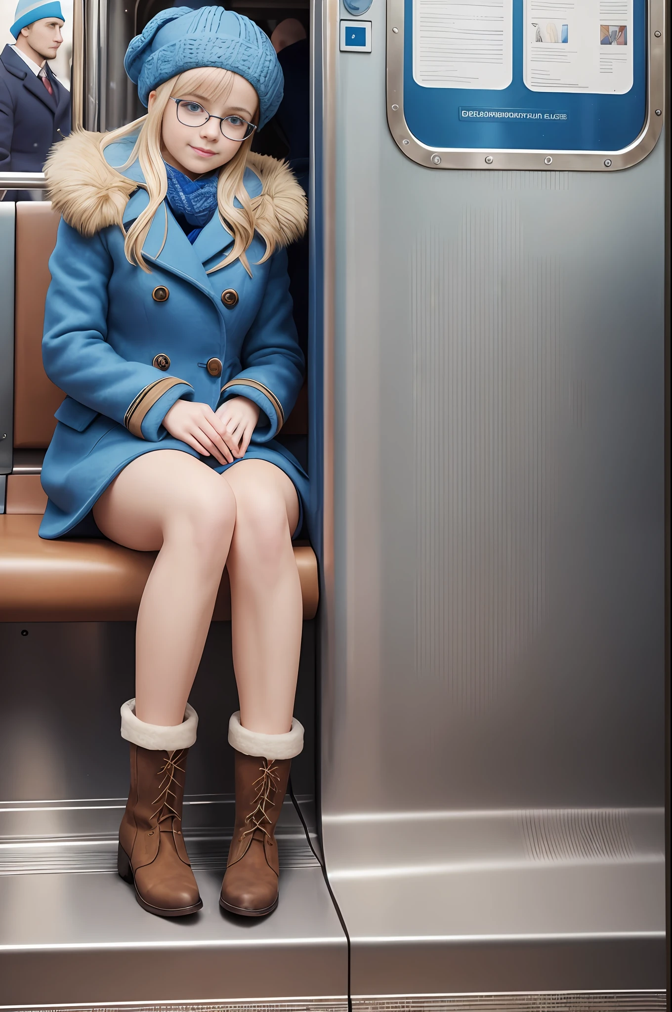 absurdres, RAW photo, highest quality, (masterpiece: 1.3), high detail RAW color photo, professional photo, extremely detailed CG 8k wallpaper unit, photo-realistic, realistic, RAW photo, masterpiece, best quality, highres, illustration,
1girl, 19 YEARS old, tall, random hairstyle, blonde hair with bangs, medium length, thin legs, beautiful face perfect realistic, beautiful blue eyes detailed, fair skin, texture of detailed skin, very small breasts, small butt, beautiful body, smile, blue prescription glasses. Elegant.
(Coat, wool cap, boots, simple design), sitting on a train from Rome, winter.
