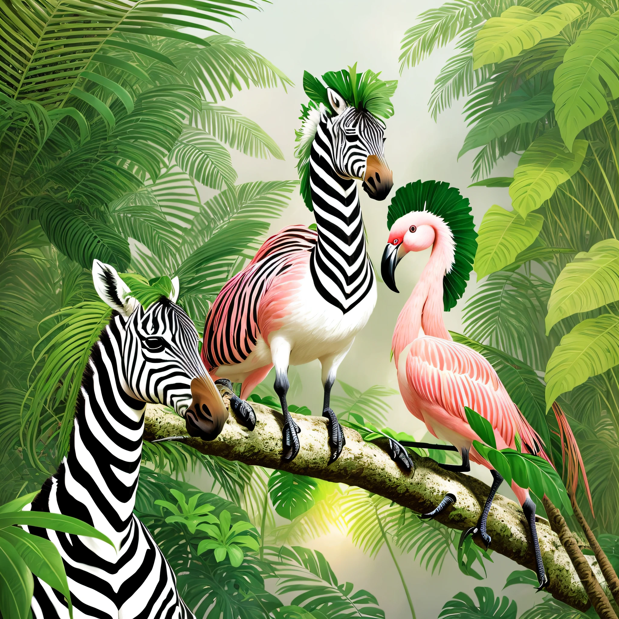 zebras and flamingos are standing on a branch in a jungle, highly detailed digital painting, animal painting, detailed beautiful animals, tropical birds, digital painting highly detailed, painted in high resolution, highly detailed painting, mysterious jungle painting, laurent durieux, highly detailed 4 k painting, by David B. Mattingly, hildebrandt, by Don Reichert --auto --s2