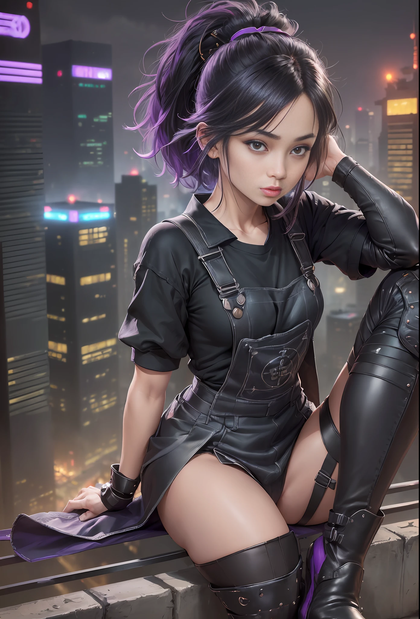 (
(Character: a samurai girl, japanese:1.4, undercut hair:1.3, innocent expression,frackles:1.3, slim body:1.2,short, slim legs, slim waist, (attractive facial:1.3))
(Outfit: black worker overalls:1.3, knee pads, black t-shirt, boots:1.3)
(Pose: full body shot:1.5)
(Background:on top of a building in a futuristic city, intense lights in background, dark, ominous, foggy, night, purple color scheme)
(Style: ((Best quality)), ((masterpiece)), (face detailed:1.4),texture skin, amazing,photo-realistic:1.3,Anisotropic Filtering,Depth-of-field,Maximum clarity and sharpness,Multi-layered textures, hyperrealistic,150mm)
)