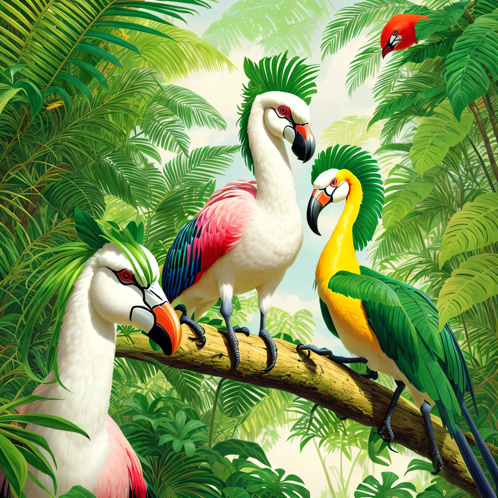 zebras, flamingos, toucans and cockatoos are standing on a branch in a jungle, highly detailed digital painting, animal painting, beautiful detailed animals, tropical birds, highly detailed digital painting, painted in high resolution, highly detailed painting, mysterious painting in the jungle, laurent durieux, highly detailed 4K painting, by David B. Mattingly, hildebrandt, by Don Reichert --auto --s2