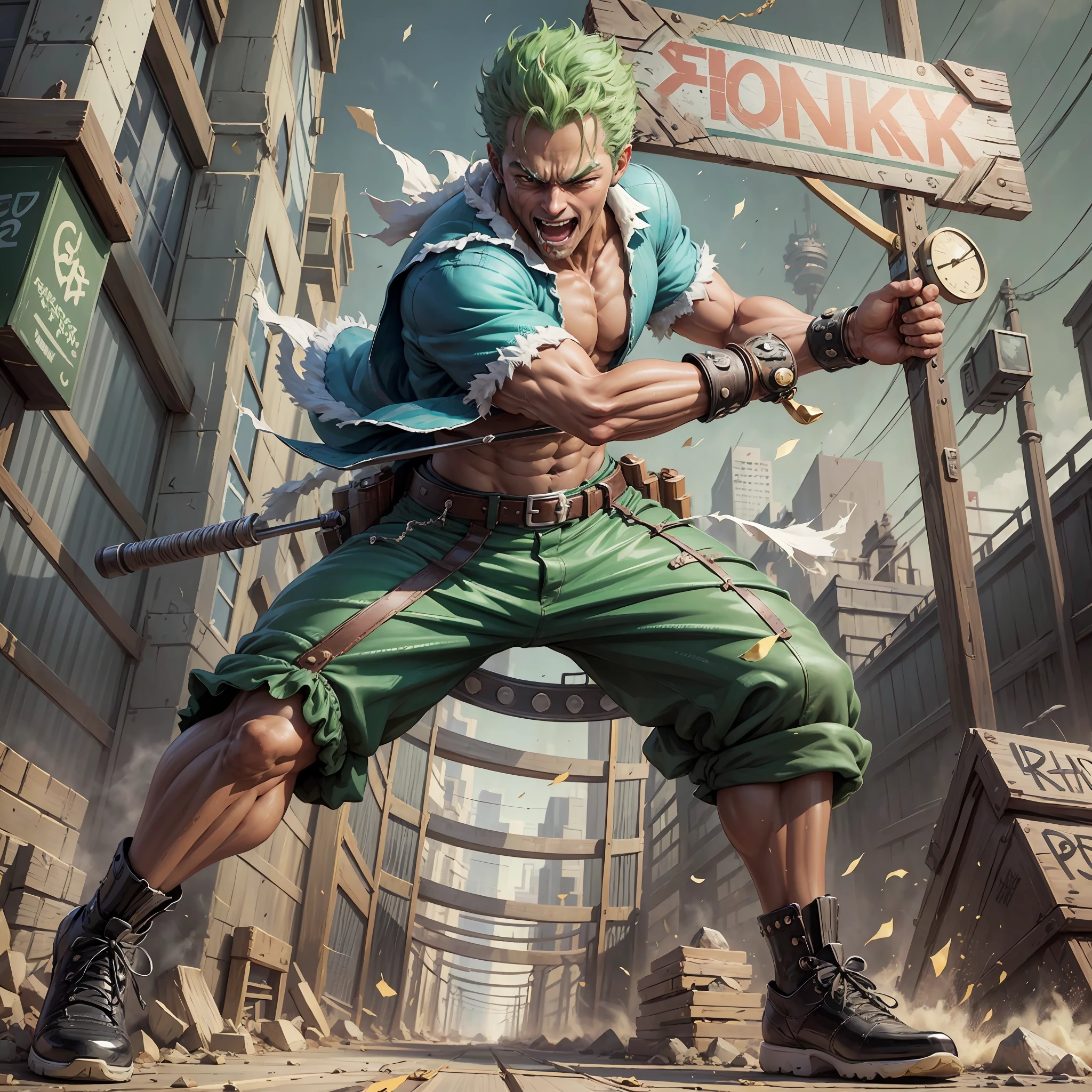 (extremely detailed CG unit 8k wallpaper, masterpiece, best quality, ultra-detailed), Zoro from One Piece, highlighting a written sign (Joy Boy Official), anime style, manga, full body, anime dash, background written Joy Boy Official --auto --s2