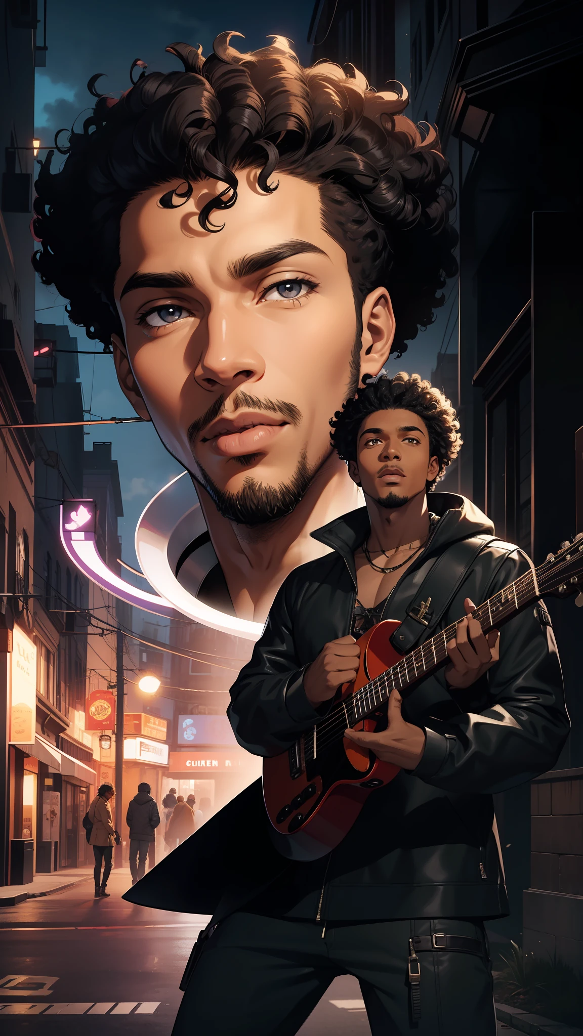 Black man, with curly hair, and his dog, futuristic antique clothing, guitar, character has oval face, (no goatee), futuristic outfit, old city behind