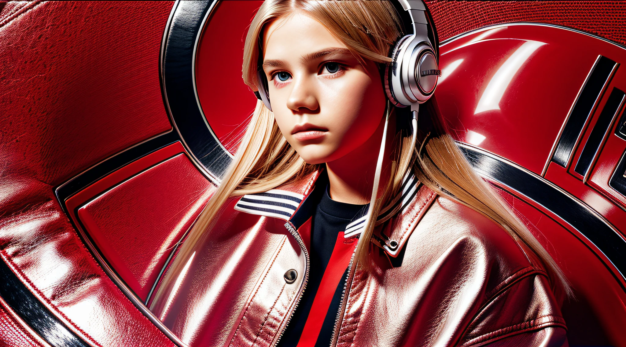 BOY , RUSSIAN BLONDE long hair and headphones, portrait, SILVER LEATHER JACKET, VINYL AND CDS red background. --auto --s2