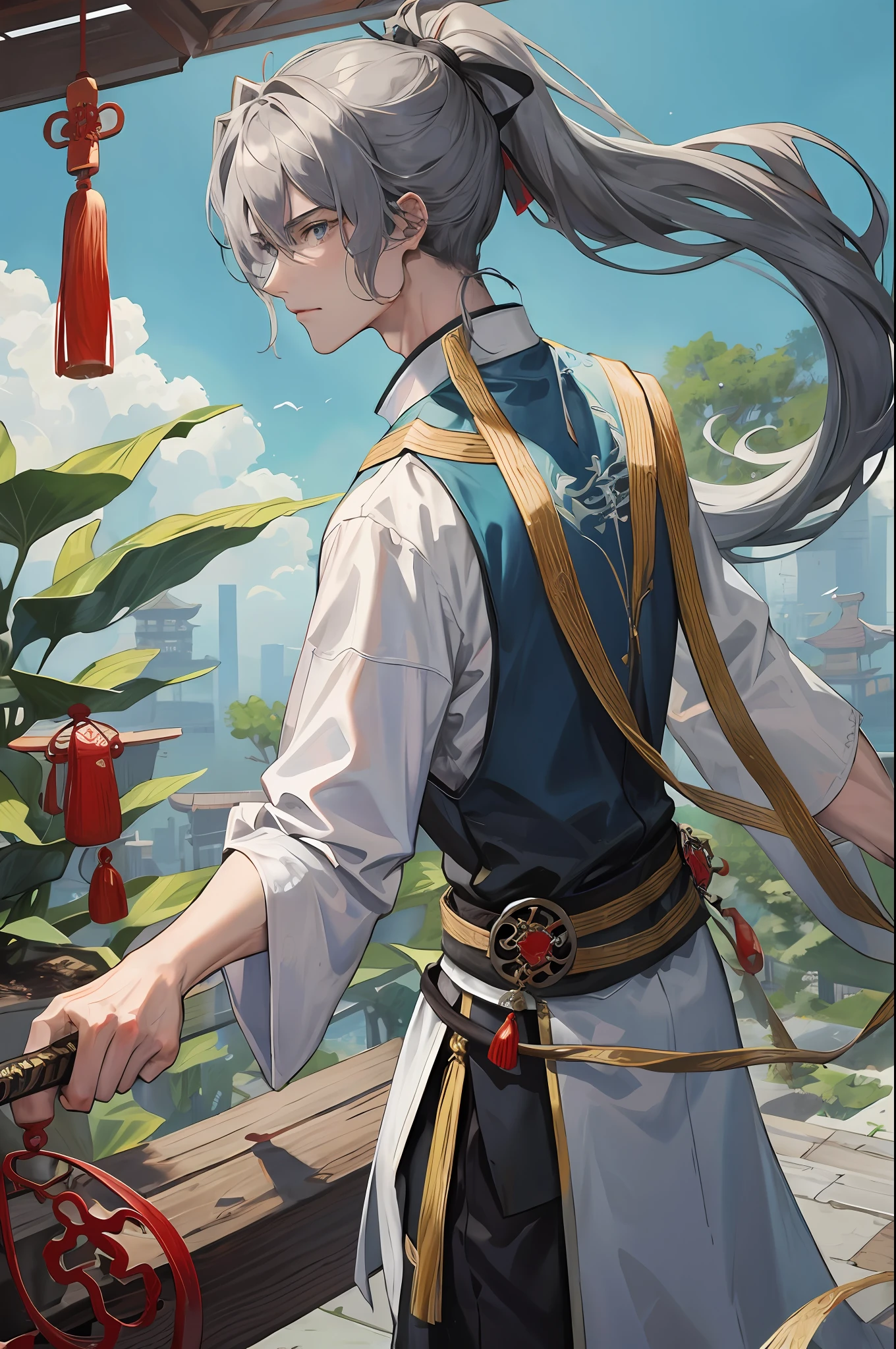Masterpiece, Excellent, Daytime, 1 Man, Chinese Style, Ancient China, Chinese Small Garden, Fish, Turquoise Brown Hair, Gray-Blue Eyes, Split Hair, Long White Hair, Long Bangs, High Ponytail, Handsome, Handsome, Masculine, Serious, Gentle, Tall, Quiet, Dark Clothes, Gray Clothes, Black Antique Robe, Chinese Divine Dragon Pattern, Immortal, Sword, Overlook