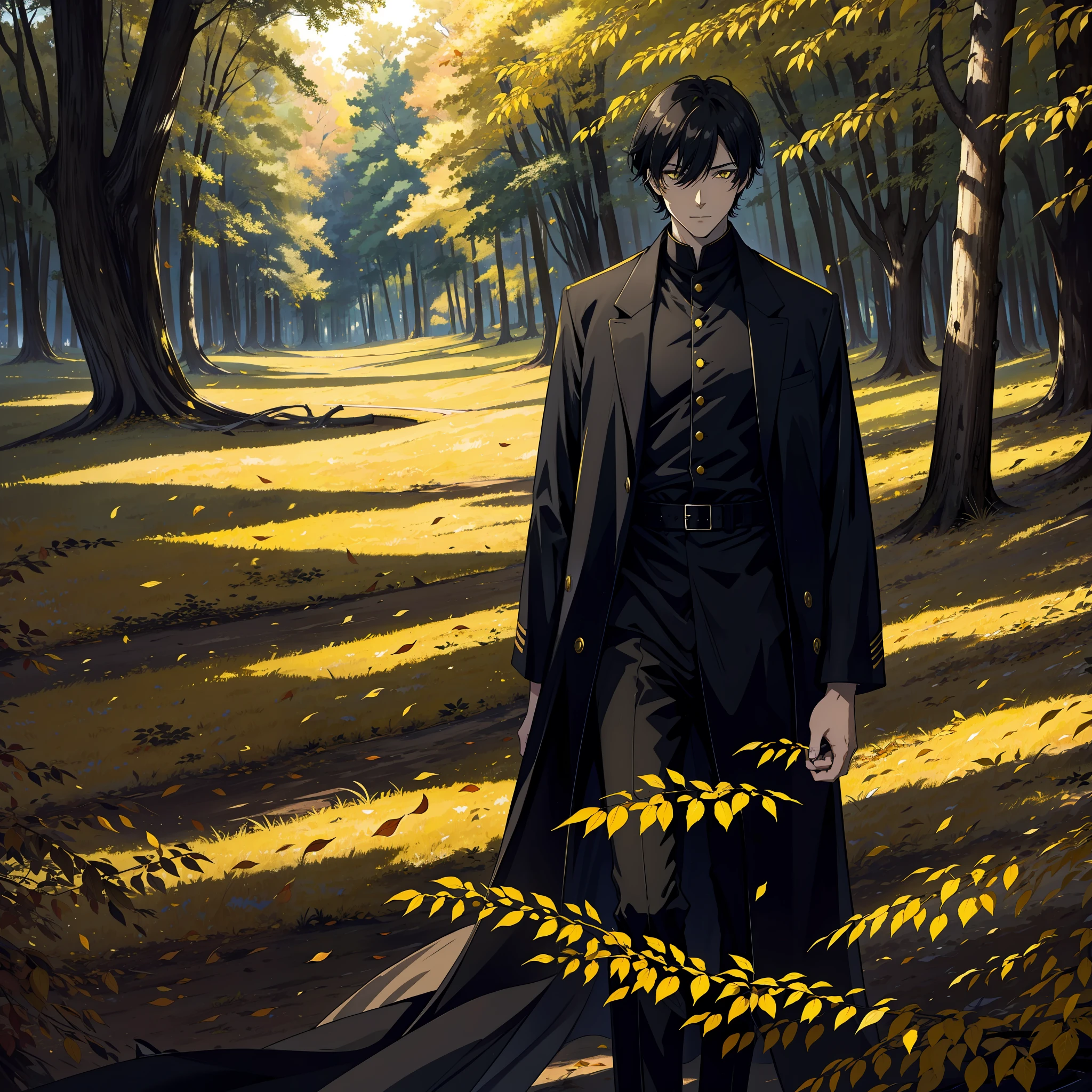 human, male, alone, mature, black short hair, slim, yellow pupils, detailed eyes, front view, black shirt, black long coat, detailed clothing, collar, tall, gentle smile, edge of the forest, falling leaves, plains,