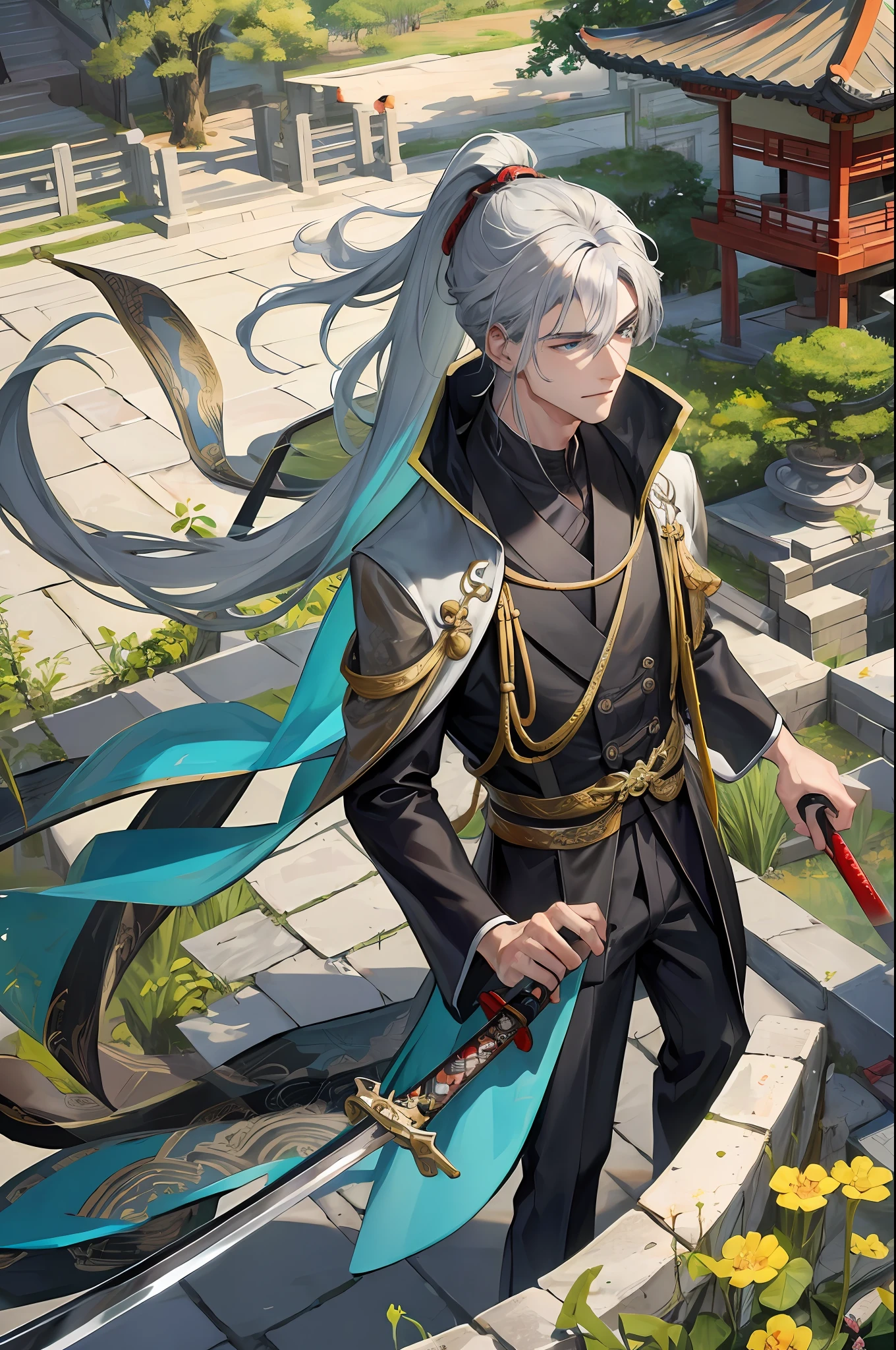 Masterpiece, Excellent, Daytime, 1 Man, Chinese Style, Ancient China, Chinese Small Garden, Fish, Turquoise Brown Hair, Gray-Blue Eyes, Split Hair, Long White Hair, Long Bangs, High Ponytail, Handsome, Handsome, Masculine, Serious, Gentle, Tall, Quiet, Dark Clothes, Gray Clothes, Black Antique Robe, Chinese Divine Dragon Pattern, Immortal, Sword, Overlook