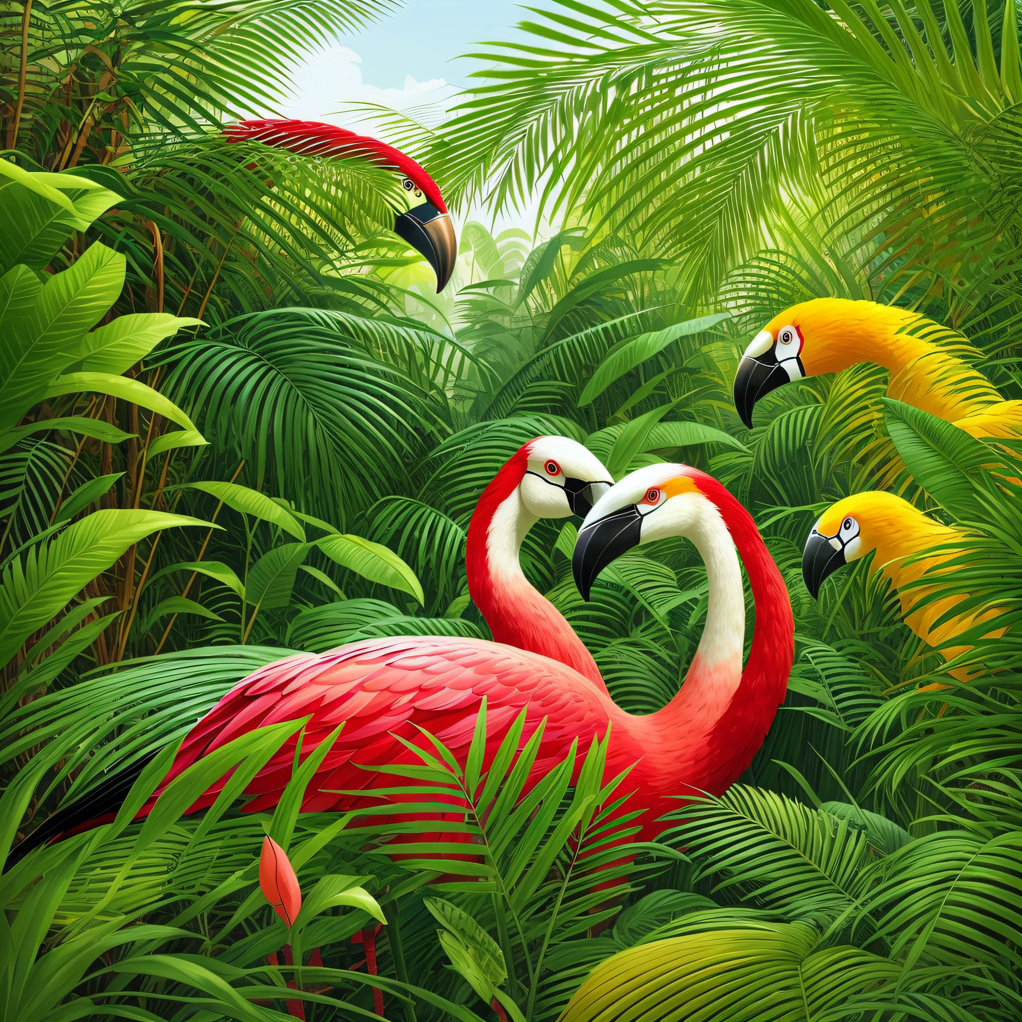zebras, flamingos, toucans and cockatoos are standing on a branch in a jungle, highly detailed digital painting, animal painting, beautiful detailed animals, tropical birds, highly detailed digital painting, painted in high resolution, highly detailed painting, mysterious painting in the jungle, laurent durieux, highly detailed 4K painting, by David B. Mattingly, hildebrandt, by Don Reichert --auto --s2