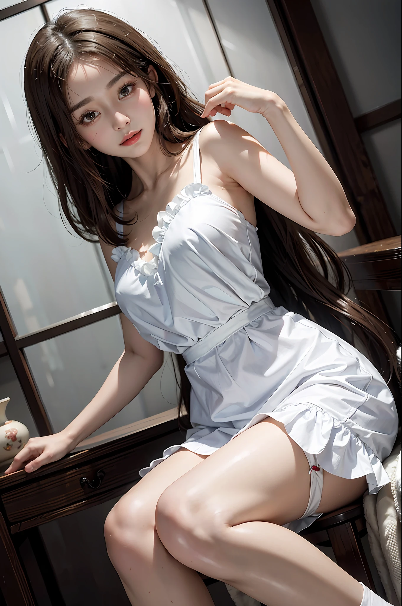 Masterpiece, best picture quality, one beautiful girl, detailed eyes, swollen eyes, brown hair, long hair, fair skin, cute, cute legs, short skirt, Japanese woman, Asian beauty, moonlight, strong eyes, professional lighting, bright lighting, double eyelids, slender, Japanese woman, Asian beauty, short skirt, huge smile, sweat, fresh, cute white apron with frills, western princess bedroom in white, looking front, close-up, young face,