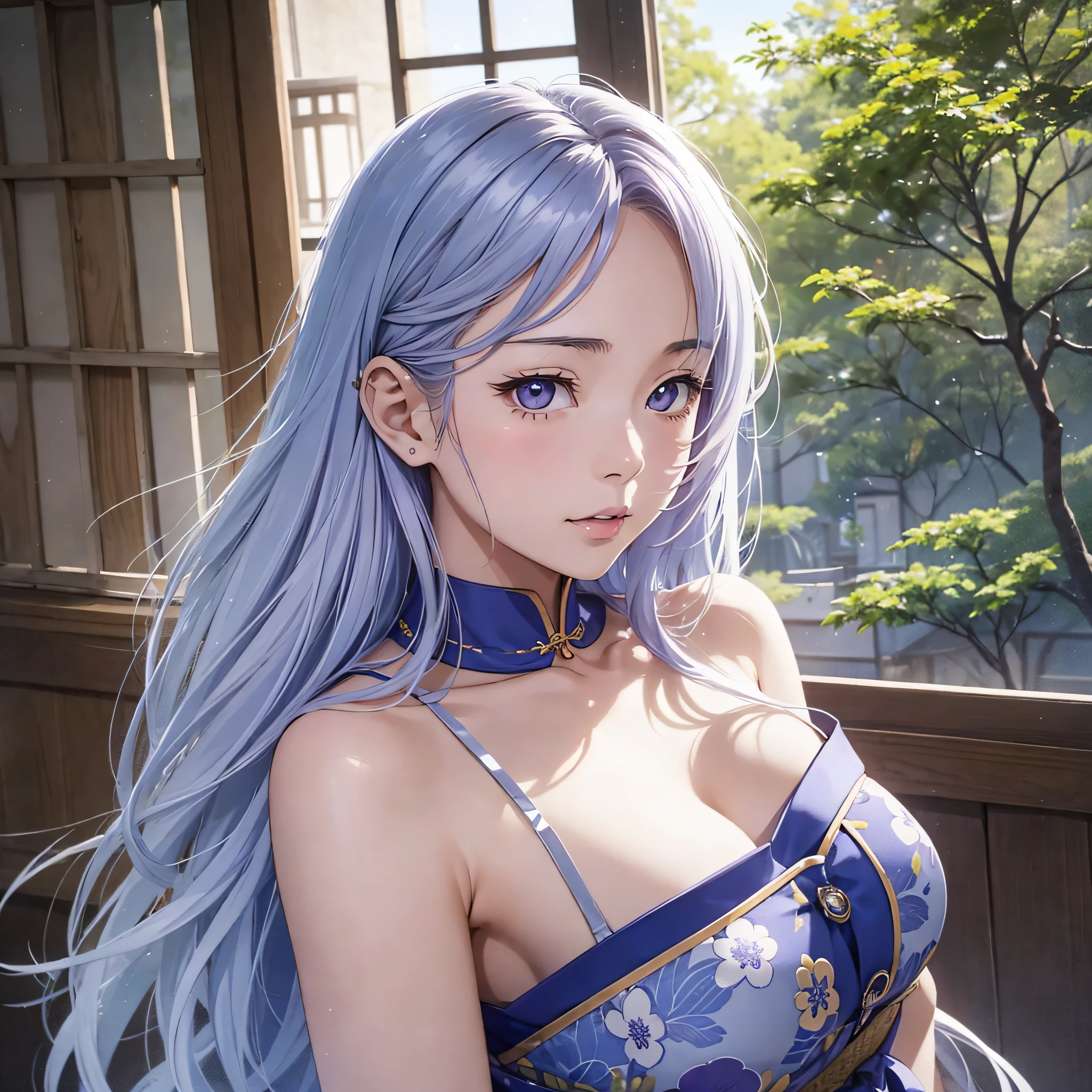 1girl, japanese, 32 years, solo, arms behind, shot 3/4, idol sensual engraving, beautiful engraving idol, realistic, best quality, instgram, bare shoulders, light blue shirt, long hair, brown eyes, silver hair, light purple lips, medium breast size --auto --s2