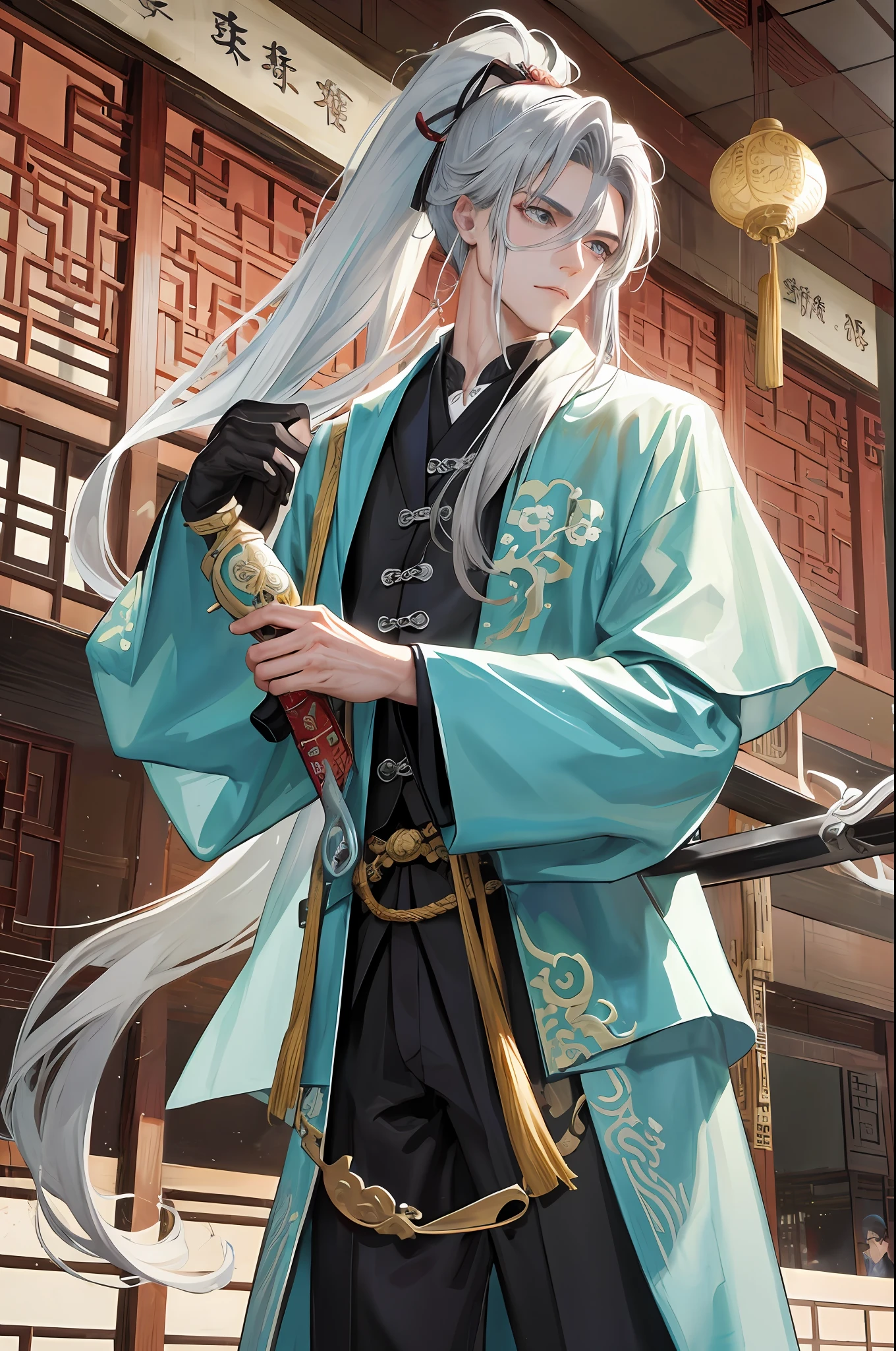 Masterpiece, Excellent, Daytime, 1 Man, Chinese Style, Ancient China, Chinese Small Garden, Fish, Turquoise Brown Hair, Gray-Blue Eyes, Split Hair, Long White Hair, Long Bangs, High Ponytail, Handsome, Handsome, Masculine, Serious, Gentle, Tall, Quiet, Dark Clothes, Gray Clothes, Black Antique Robe, Chinese Divine Dragon Pattern, Immortal, Sword, Overlook