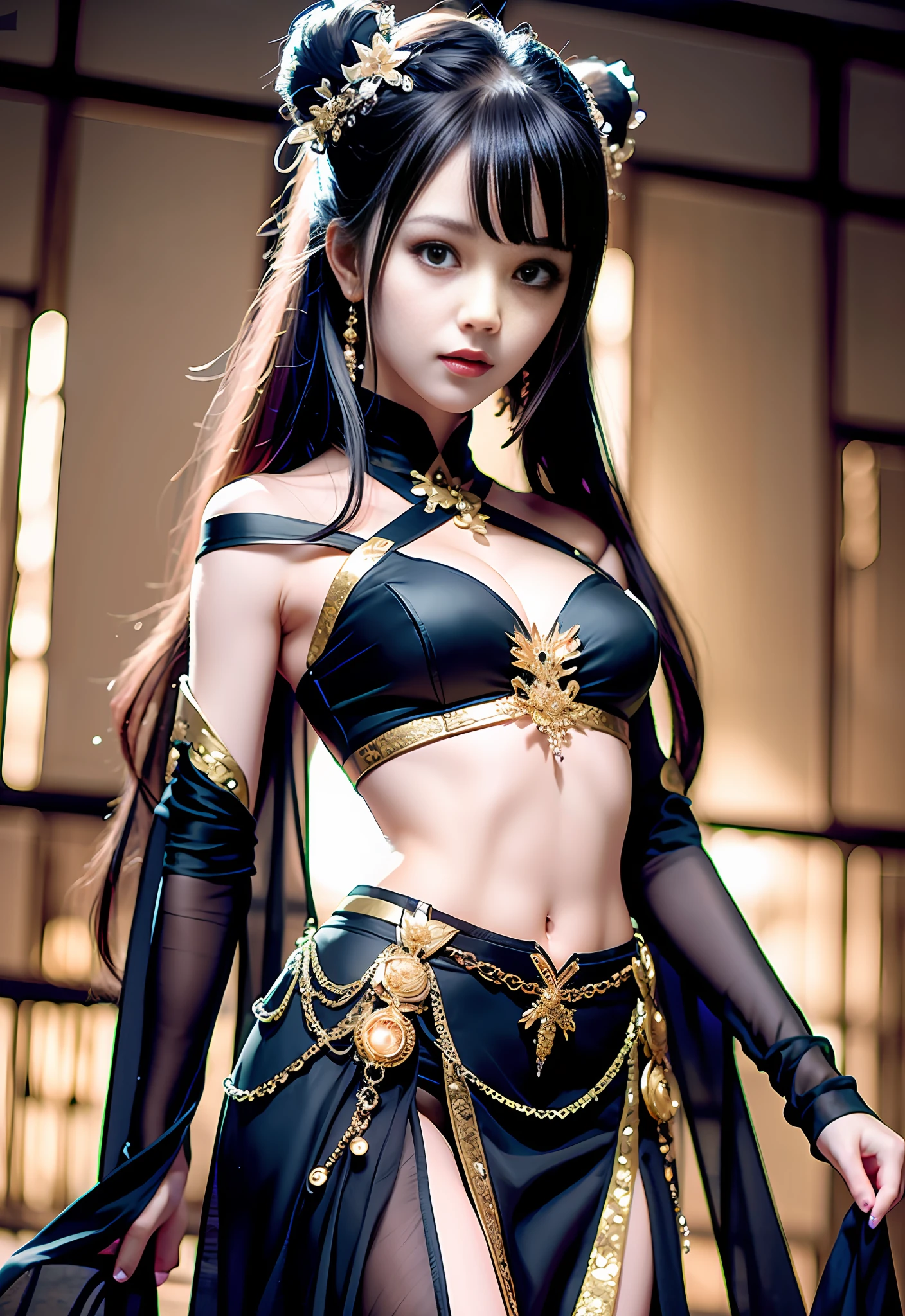 Beautiful and exotic woman in black kpop skirt, black eyes, perfect skin, very cute, very beautiful, perfect image, realistic photo, kpop, ultra graphic --auto --s2