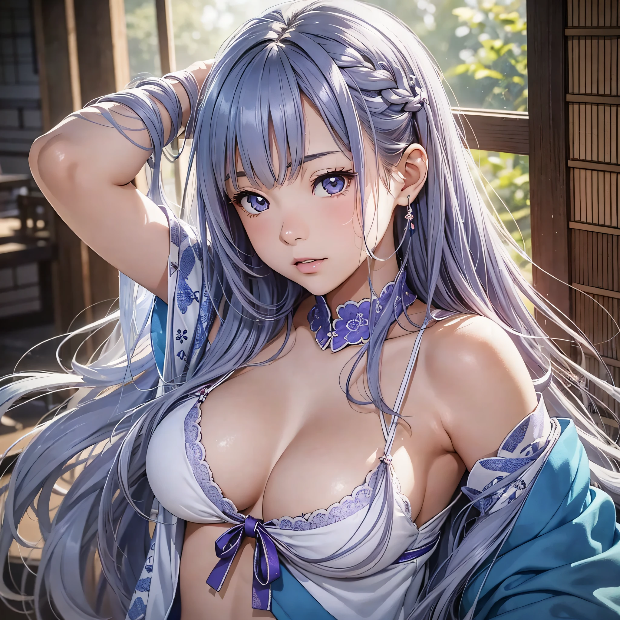 1girl, japanese, 32 years, solo, arms behind, shot 3/4, idol sensual engraving, beautiful engraving idol, realistic, best quality, instgram, bare shoulders, light blue shirt, long hair, brown eyes, silver hair, light purple lips, medium breast size --auto --s2