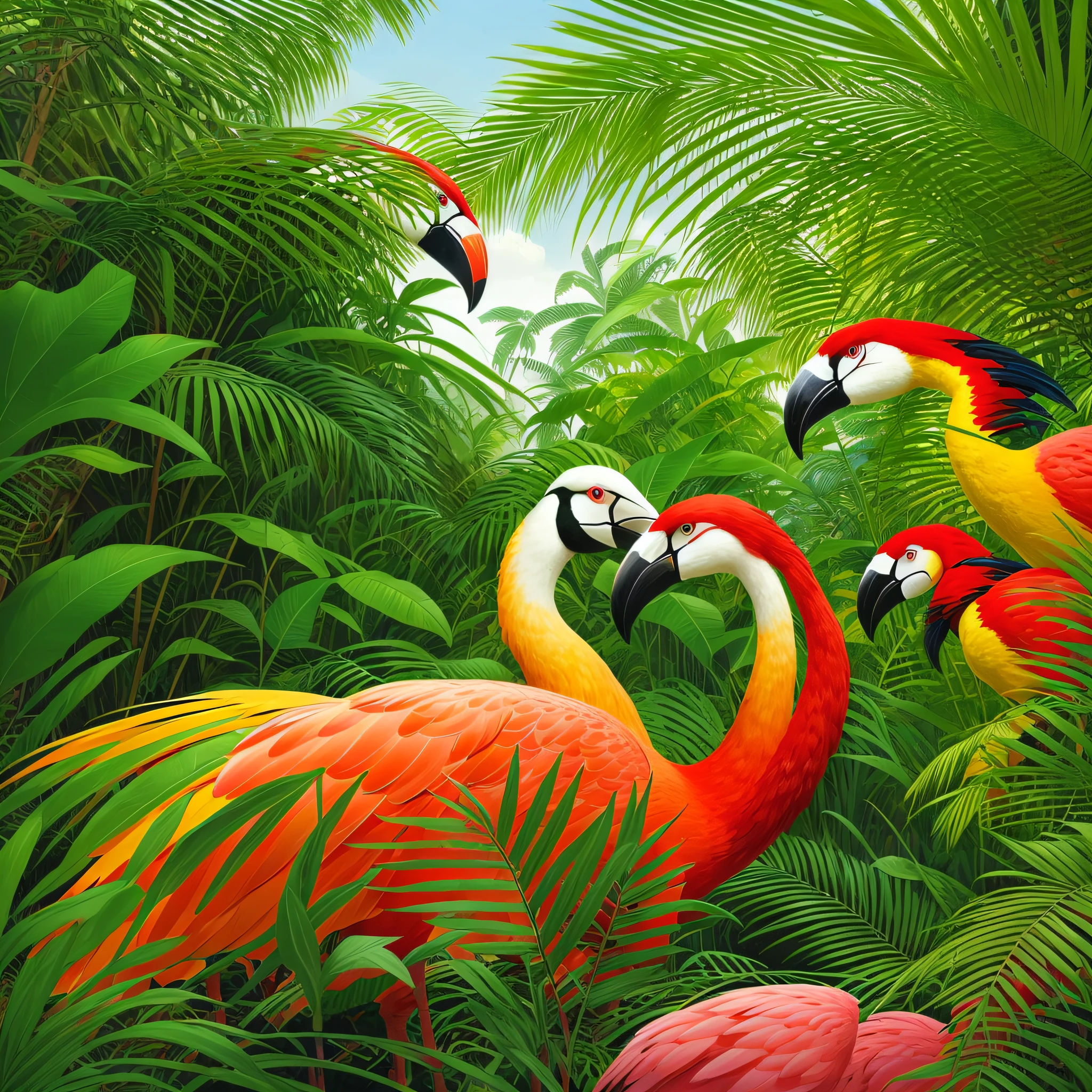 zebras, flamingos, toucans and cockatoos are standing on a branch in a jungle, highly detailed digital painting, animal painting, beautiful detailed animals, tropical birds, highly detailed digital painting, painted in high resolution, highly detailed painting, mysterious painting in the jungle, laurent durieux, highly detailed 4K painting, by David B. Mattingly, hildebrandt, by Don Reichert --auto --s2