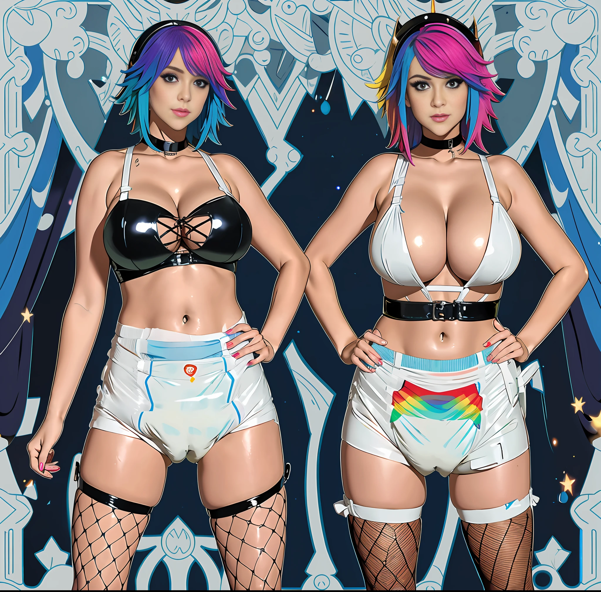 Sexy girl wearing (big diaper), busty, big breasts, wide hips, (latex), stockings, fishnets, rainbow hair, cleavage