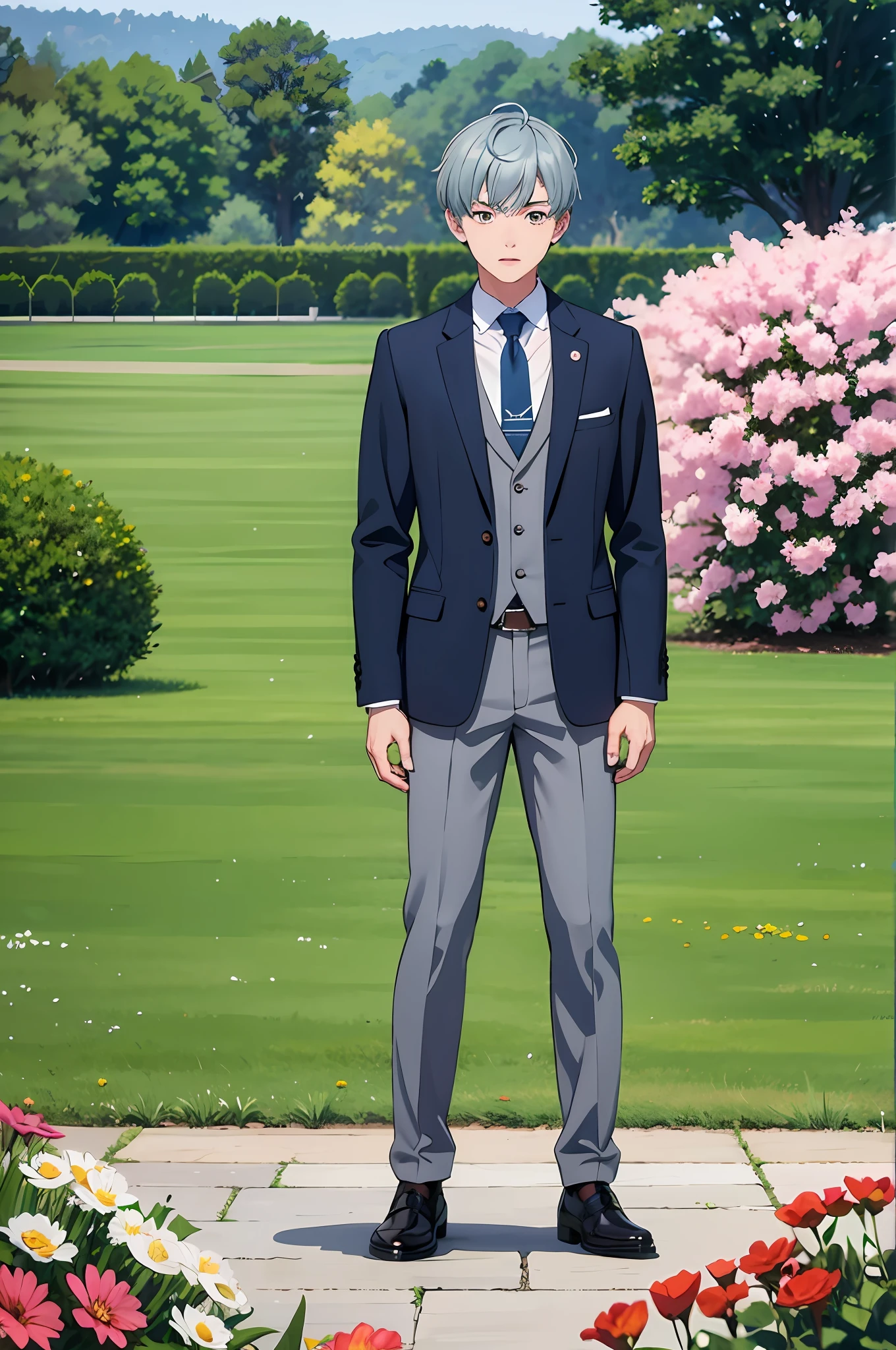 Masterpiece, best quality, 1 boy, standing, full body, bliss, soft, ultra clear, hd image, (front), (lawn with flowers and grass background), gray blue hair, short hair, school uniform blazer