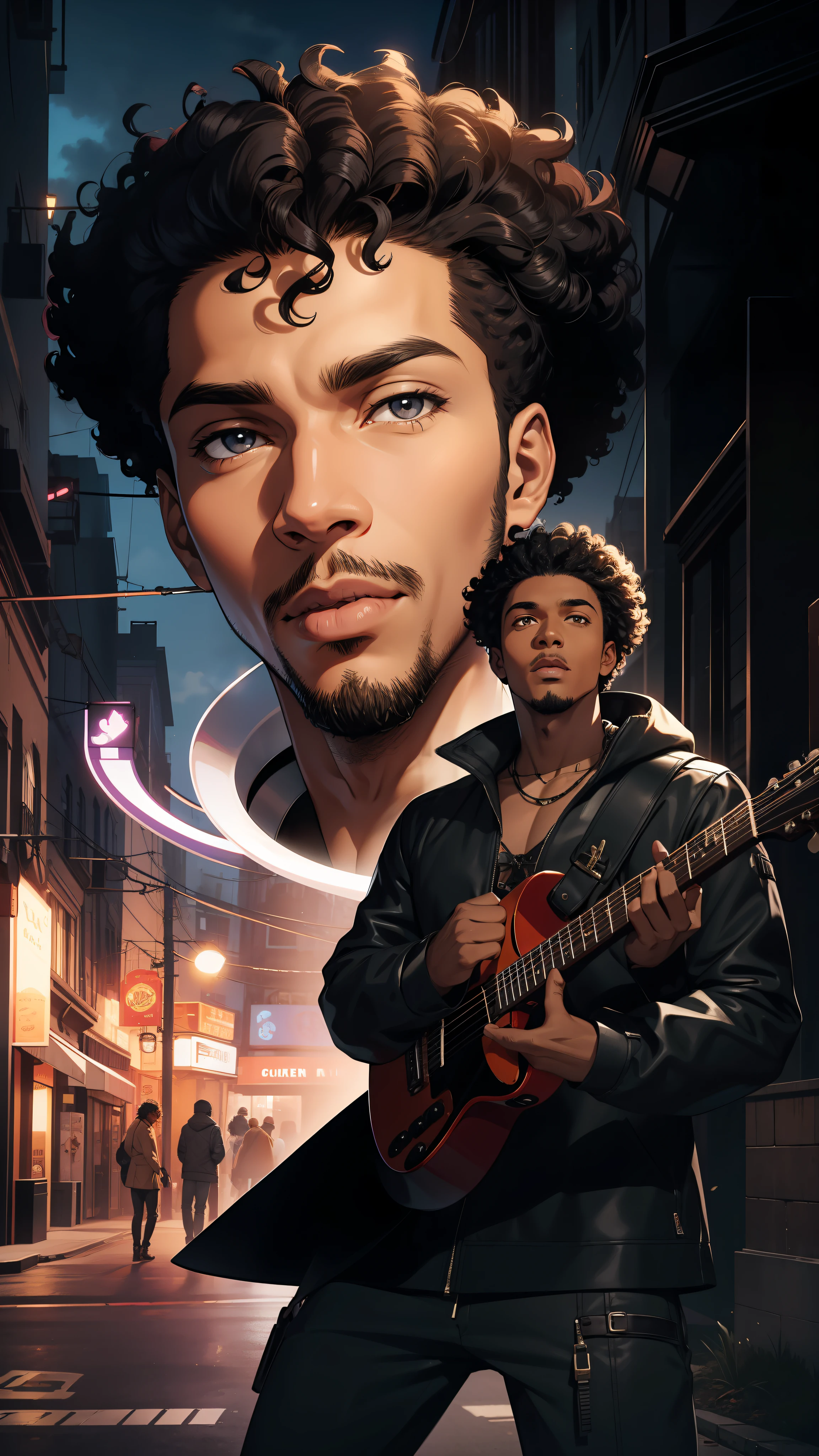Black man, with curly hair, and his dog, futuristic antique clothing, guitar, character has oval face, (no goatee), futuristic outfit, old city behind