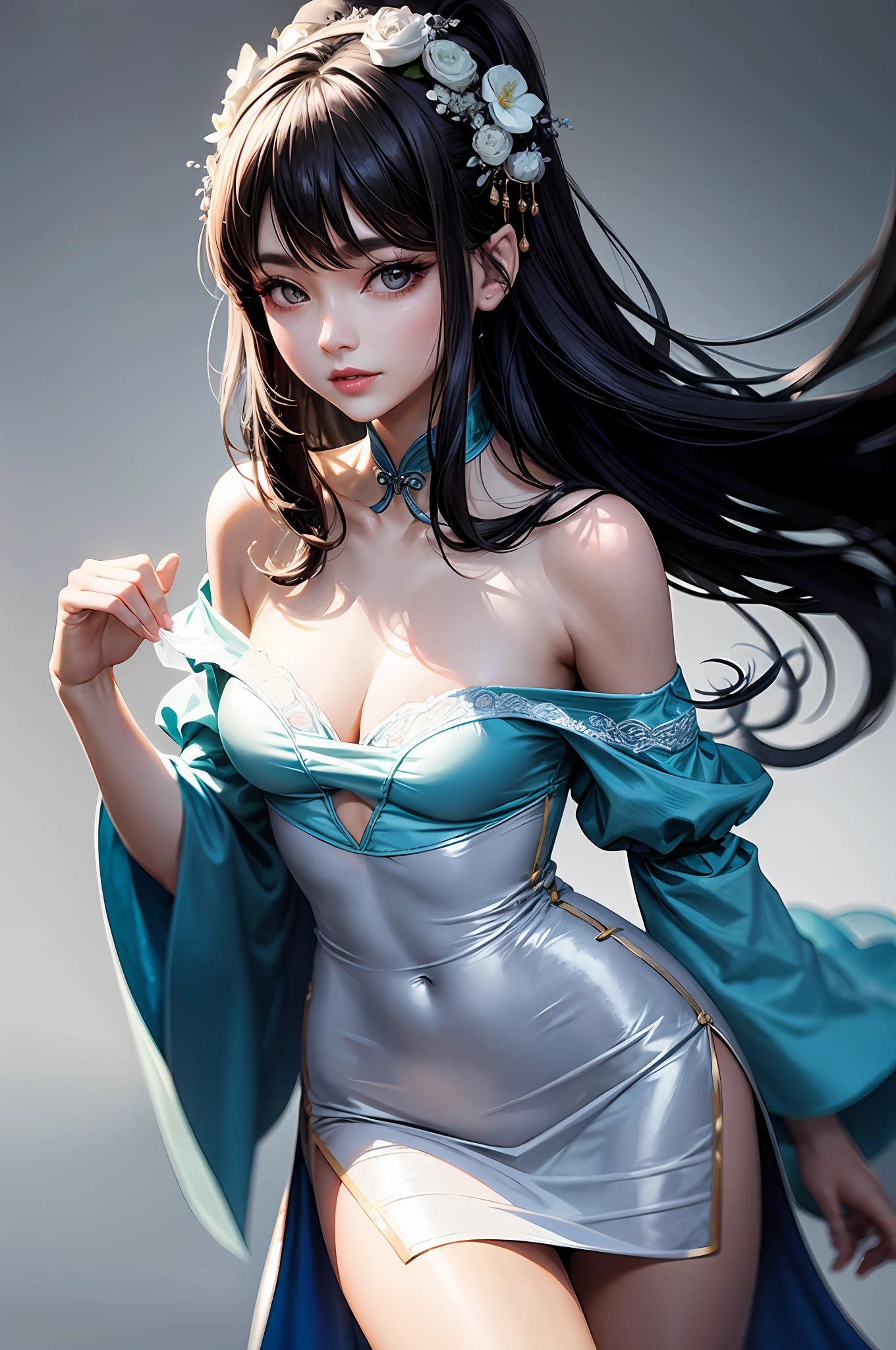 Fashion trendy beautiful and charming woman, gentle and charming Chinese beautiful woman, delicate and sexy collarbone, charming oval face, double eyelids, smart peach blossom eyes, pink lips, small nose, bare shoulders, focus on the face, close-up of the face, Ultra-high-definition, super-detailed, the white off-the-shoulder shirt perfectly echoes the light blue slit skirt, fresh and impressive