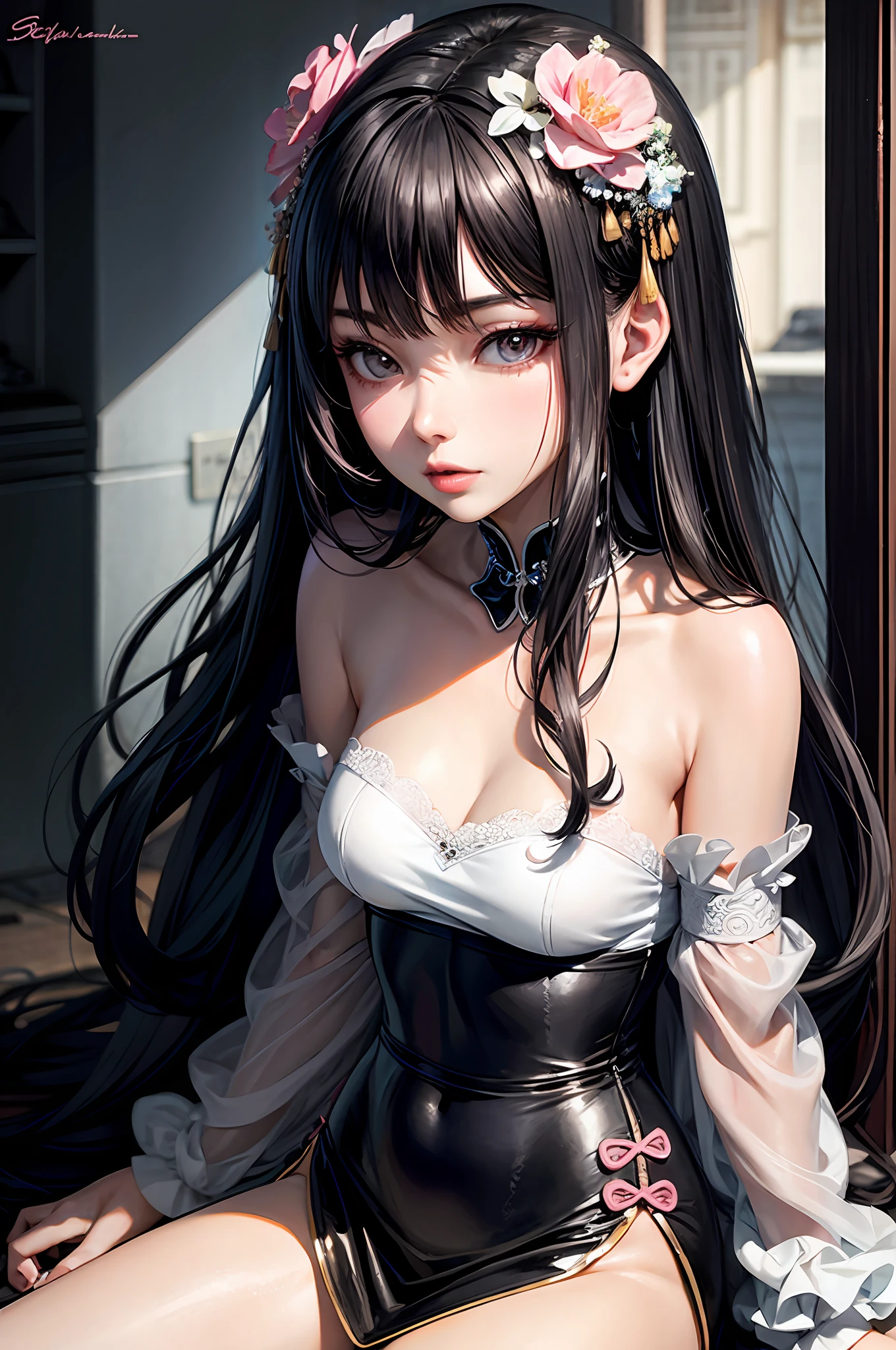 Fashion trendy beautiful and charming woman, gentle and charming Chinese beautiful woman, delicate and sexy collarbone, charming oval face, double eyelids, smart peach blossom eyes, pink lips, small nose, bare shoulders, focus on the face, close-up of the face, Ultra-high-definition, super-detailed, the white off-the-shoulder shirt perfectly echoes the light blue slit skirt, fresh and impressive
